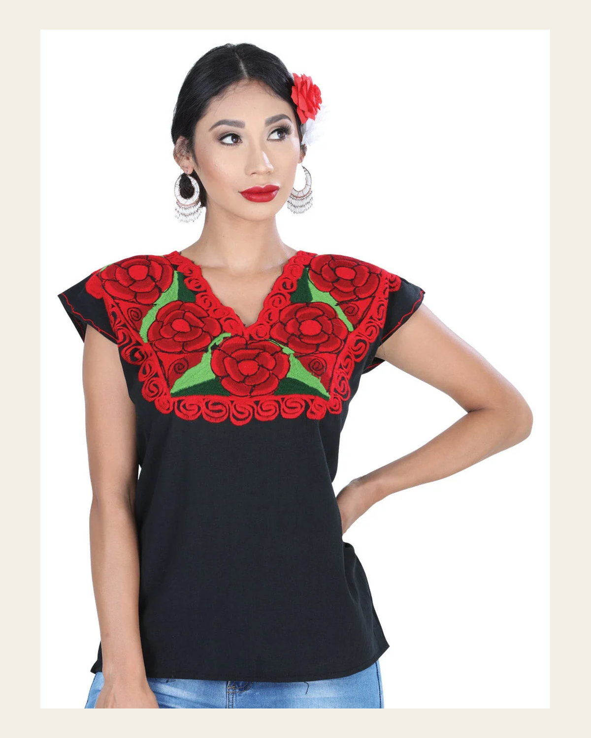 Artisanal Embroidered Blouse 100% Cotton Black/Red 601409 on a warm cream background