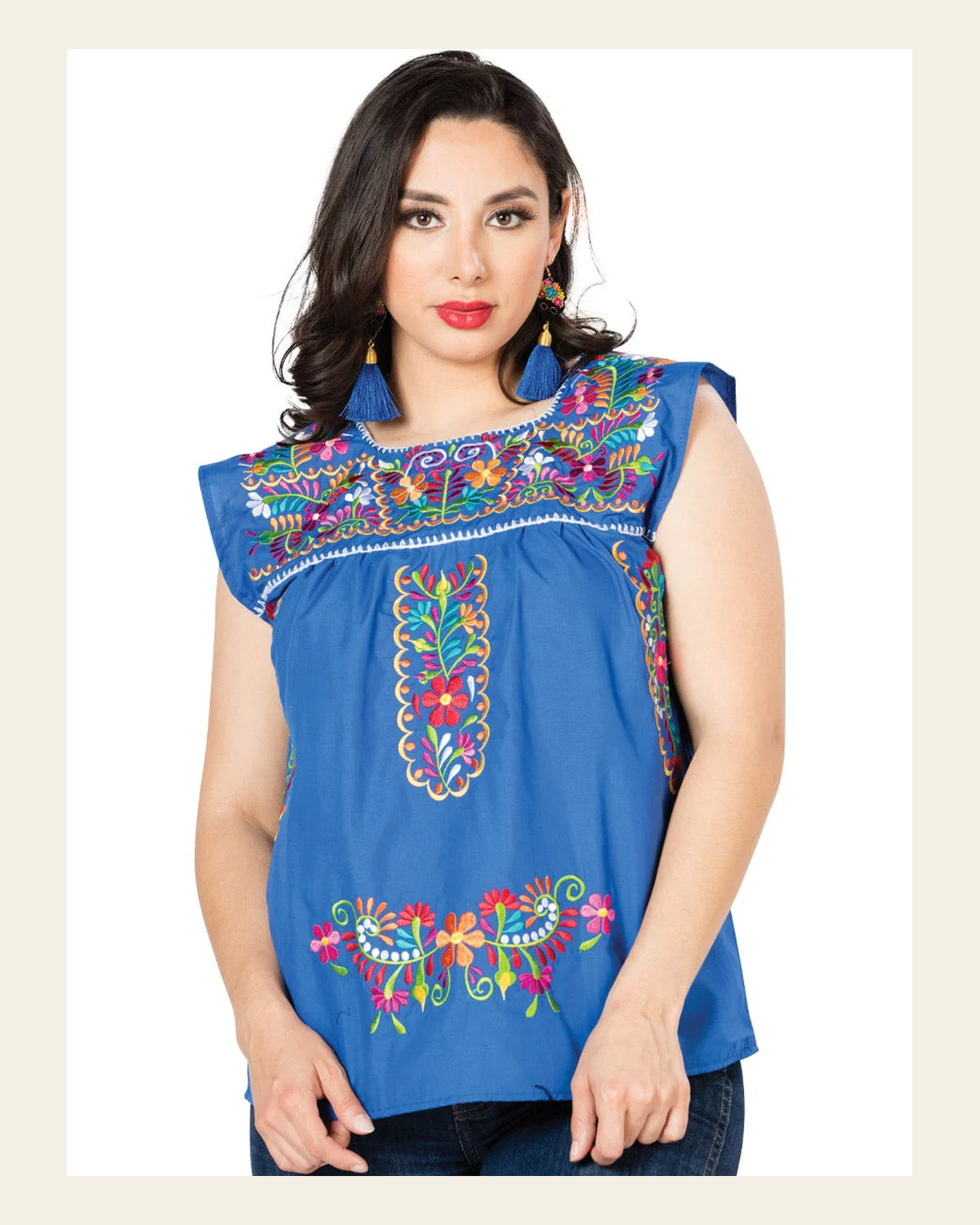 Artisanal Embroidered Blouse 100% Cotton Blue 603050 on a warm cream background