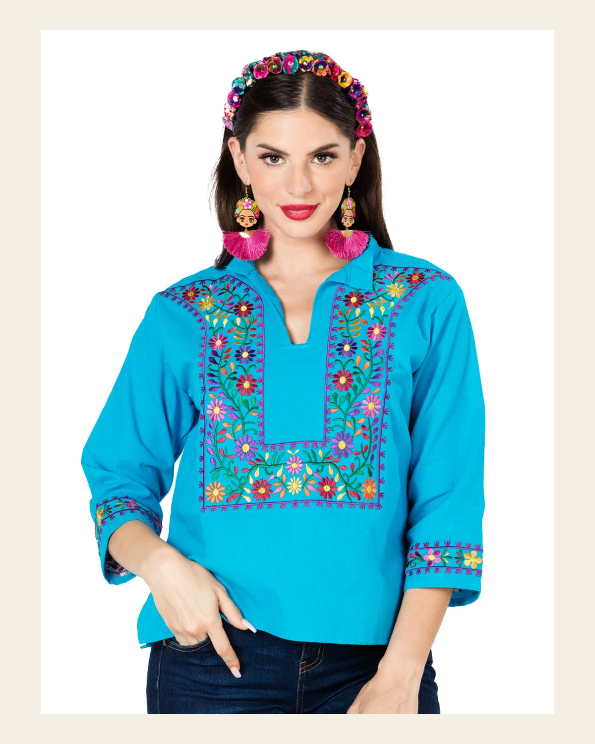Artisanal Embroidered Blouse 100% Cotton Blue 603061 on a warm cream background