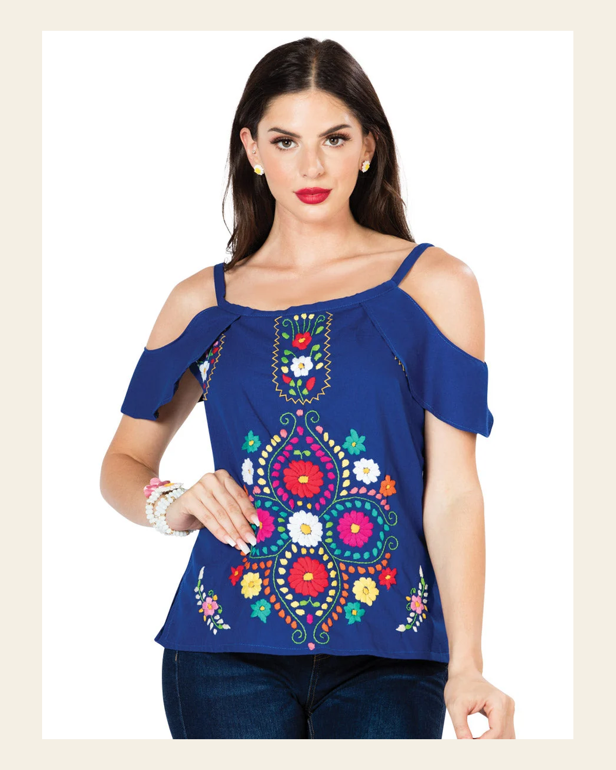 Artisanal Embroidered Blouse 100% Cotton Blue 603069 on a warm cream background