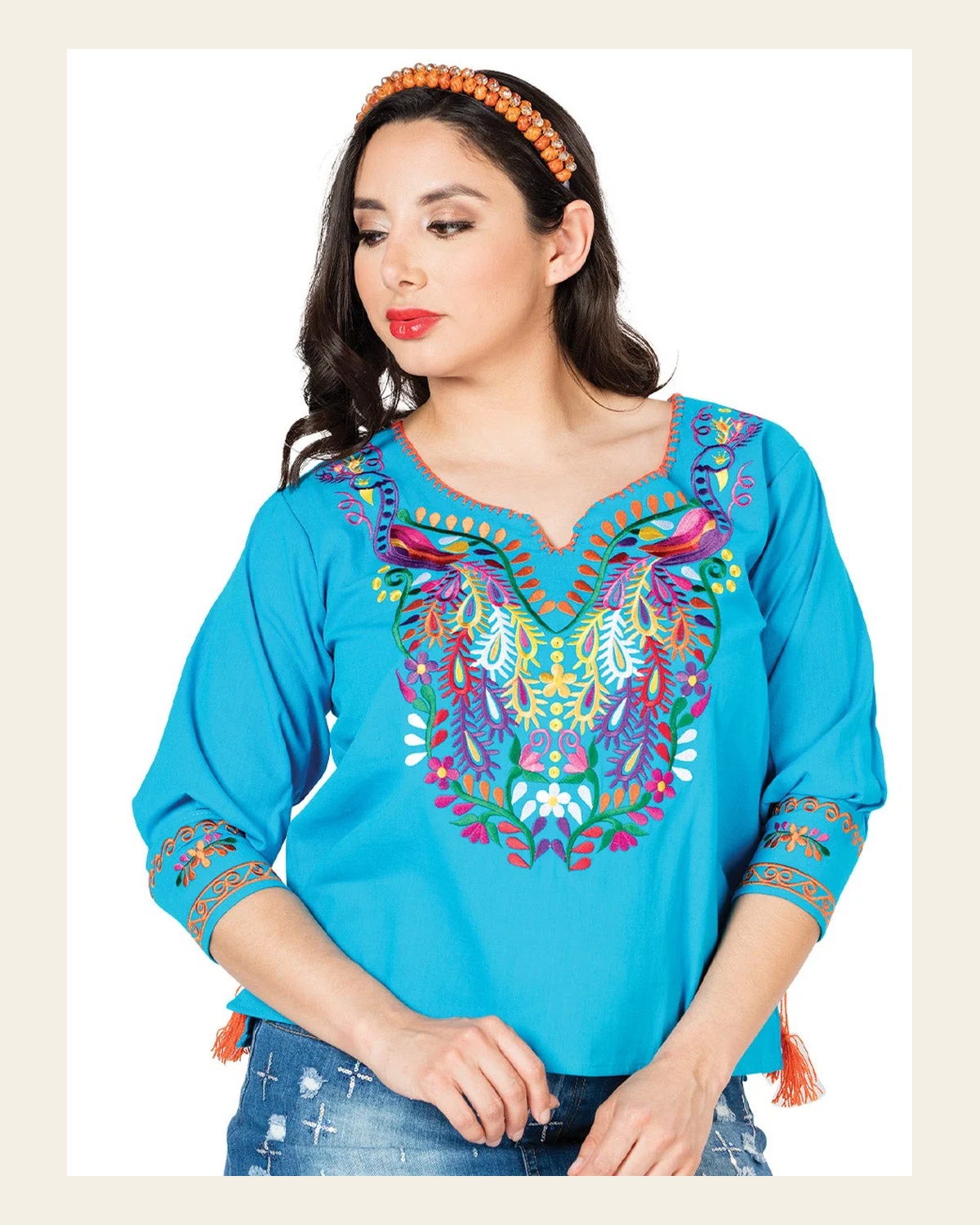 Artisanal Embroidered Blouse 100% Cotton Blue 603181 on a warm cream background