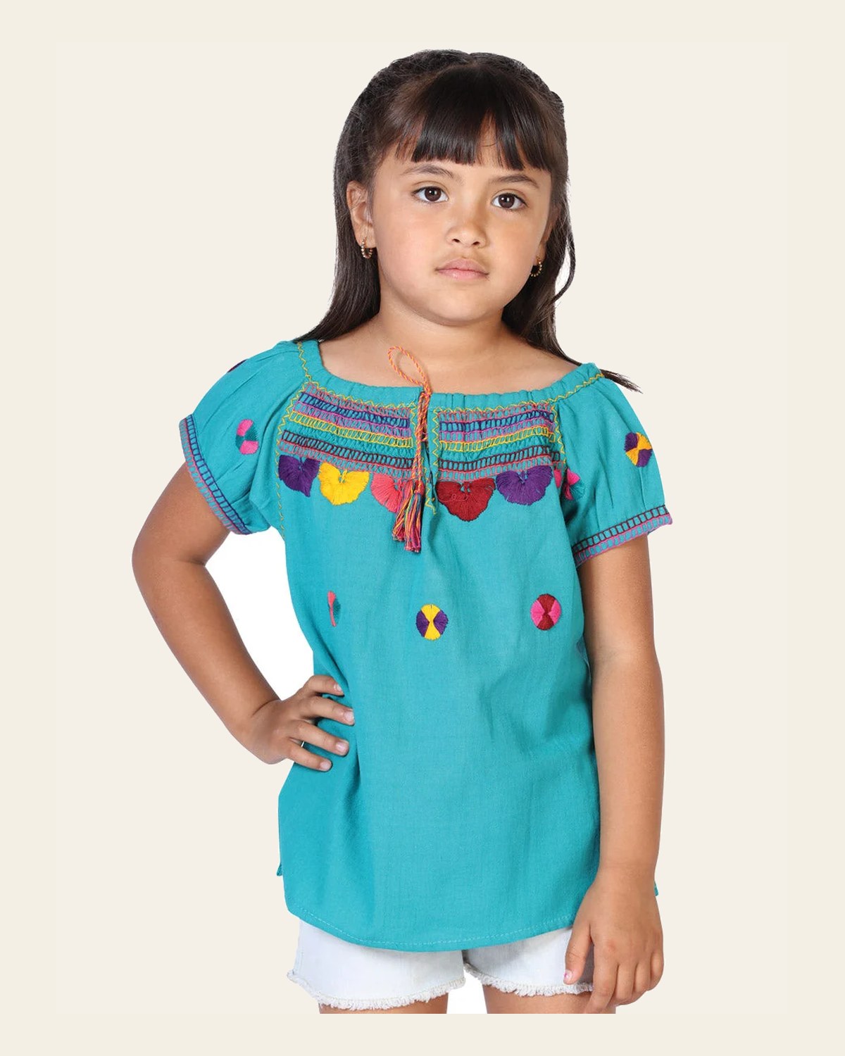 Artisanal Embroidered Blouse 100% Cotton Blue 603594 on a warm cream background