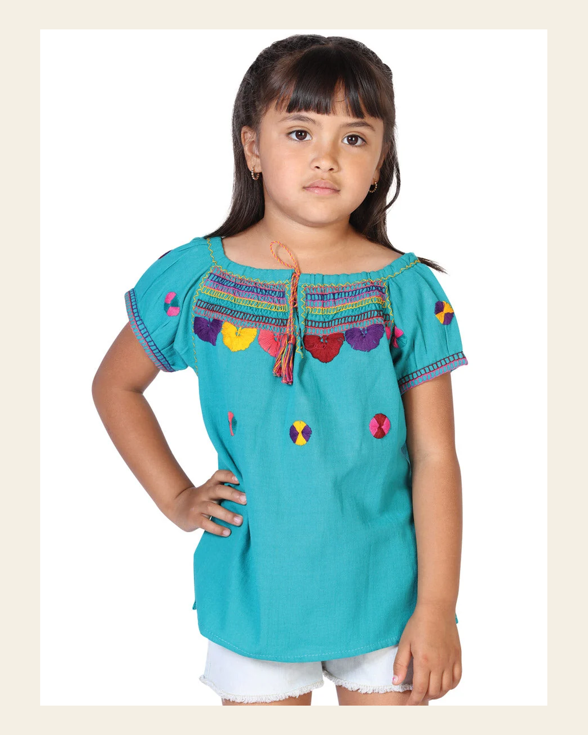 Artisanal Embroidered Blouse 100% Cotton Blue 603594 on a warm cream background