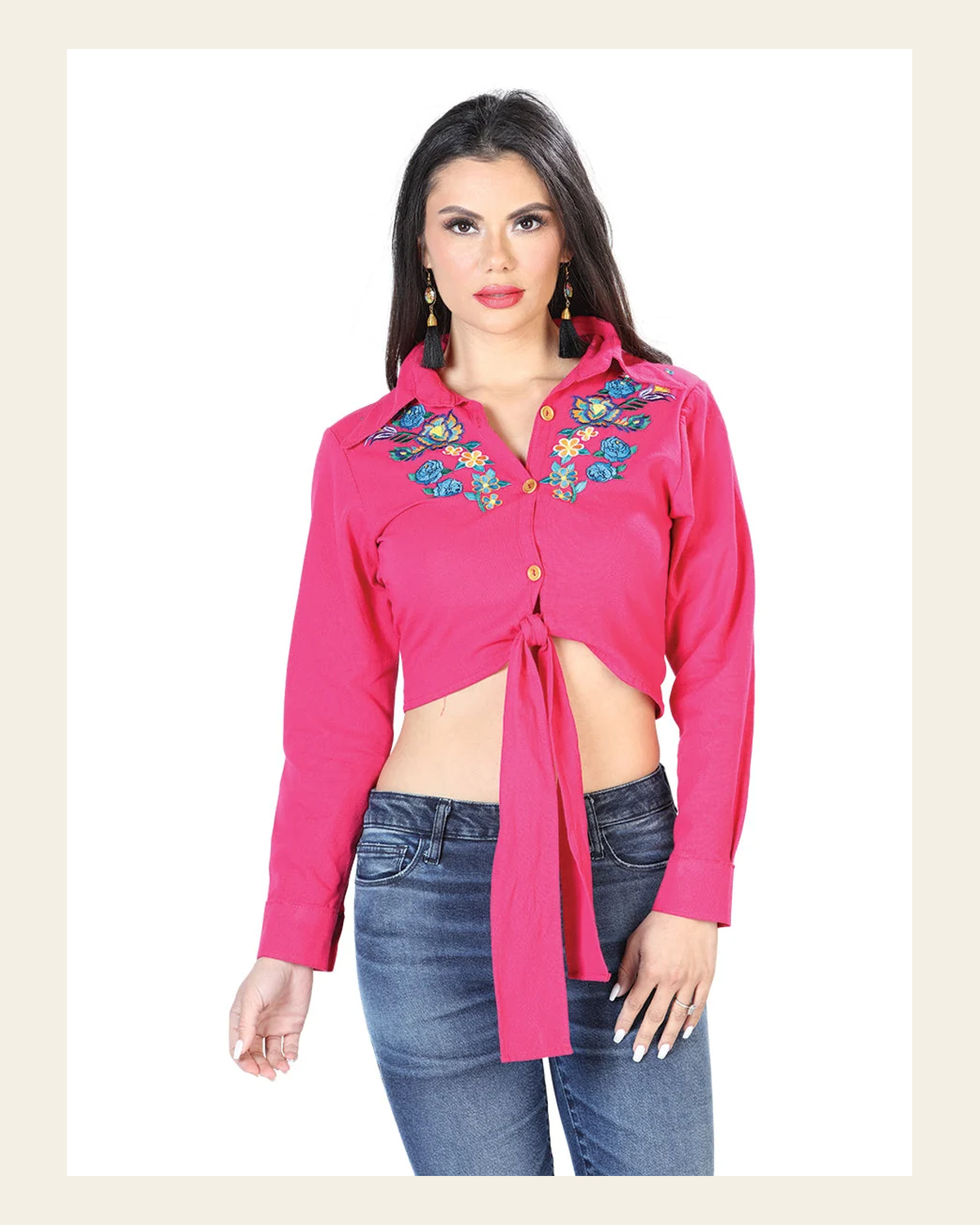 Artisanal Embroidered Blouse 100% Cotton Fuchsia 603908 on a warm cream background