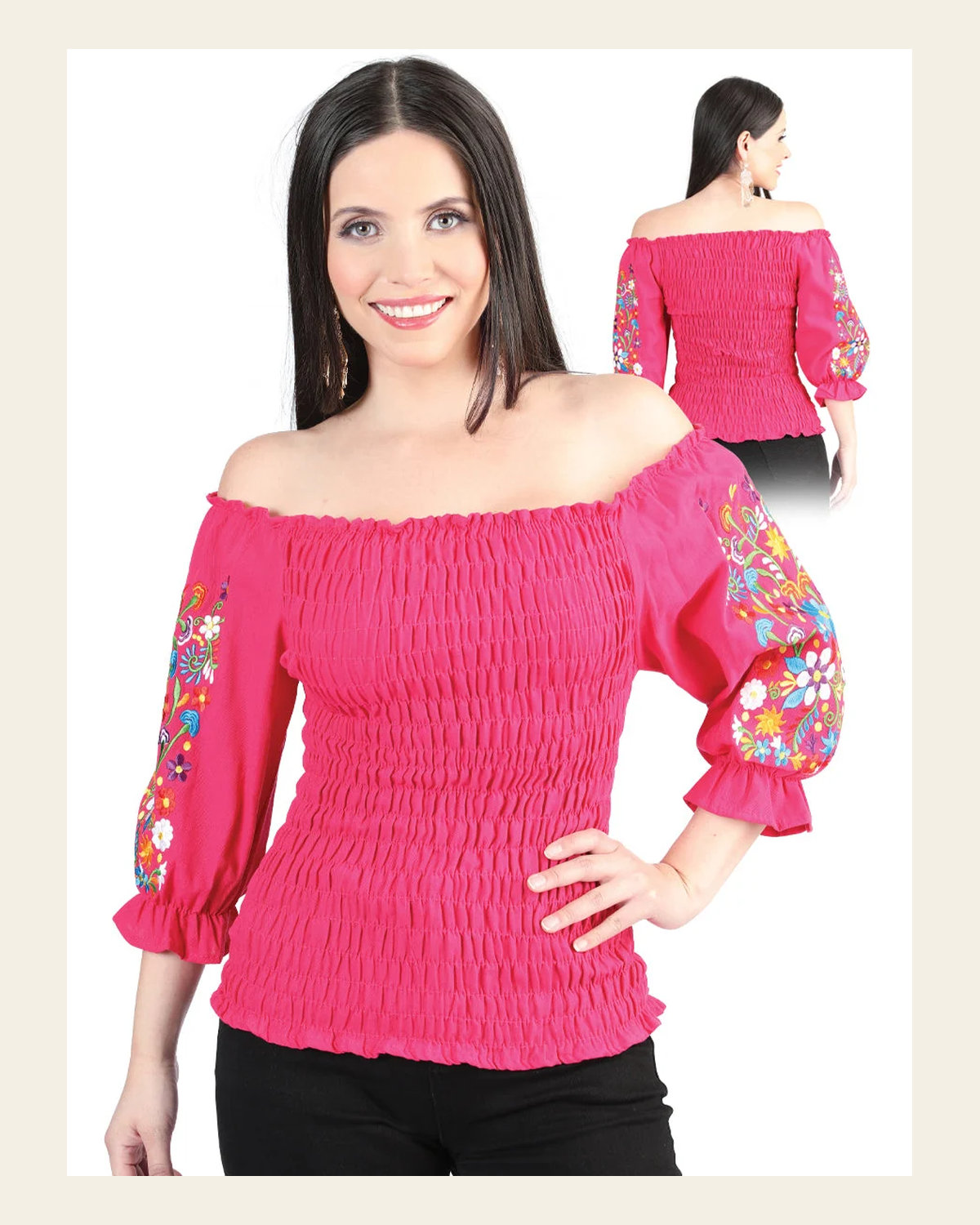 Artisanal Embroidered Blouse 100% Cotton Fuchsia 604011 on a warm cream background