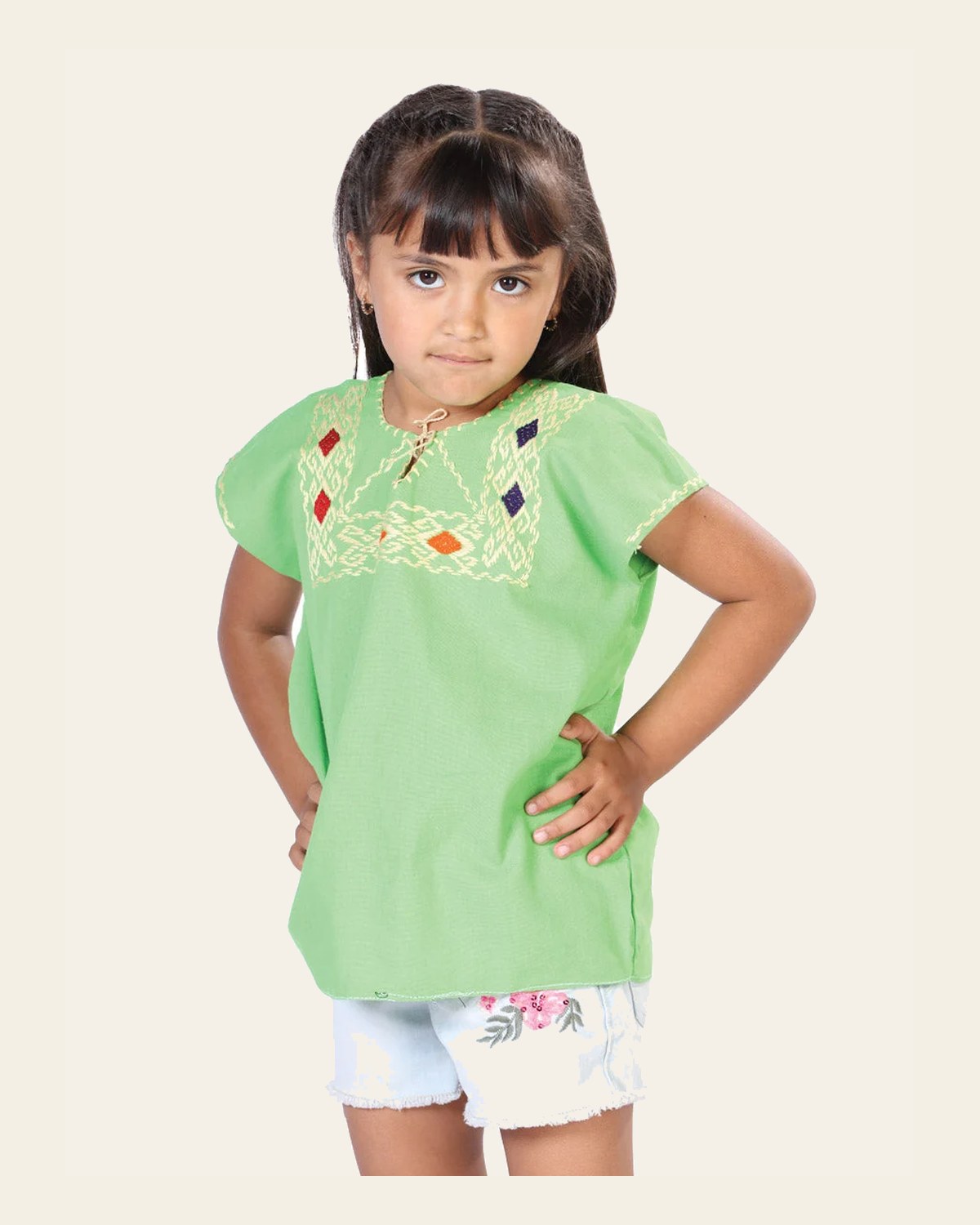 Artisanal Embroidered Blouse 100% Cotton Green 603595 on a warm cream background