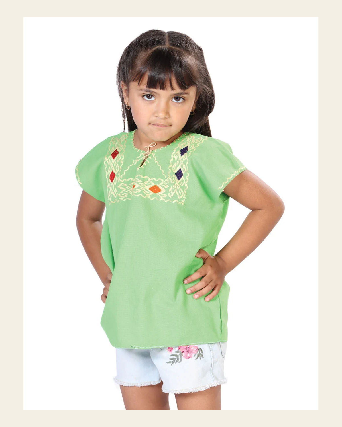 Artisanal Embroidered Blouse 100% Cotton Green 603595 on a warm cream background