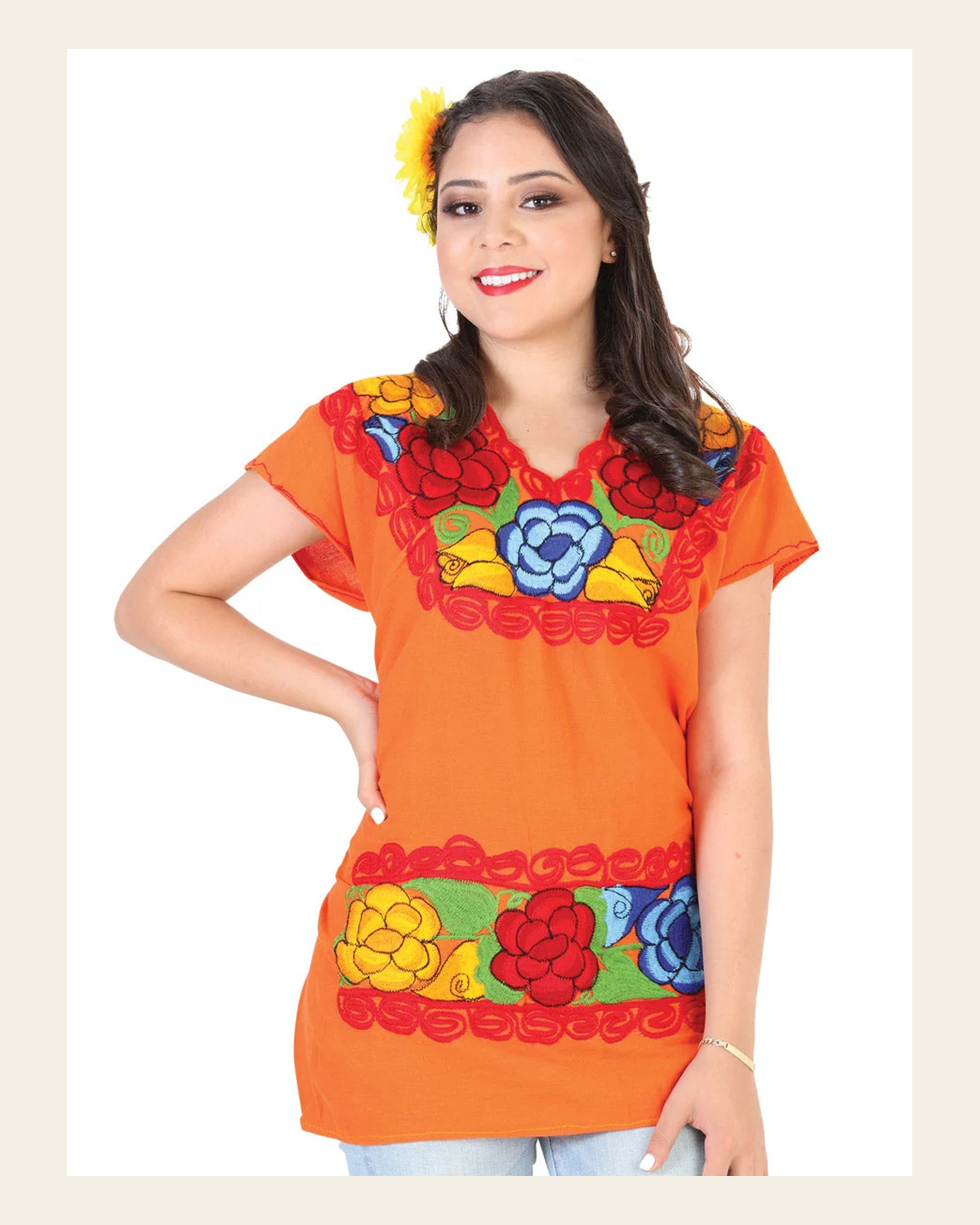 Artisanal Embroidered Blouse 100% Cotton Orange 602303 on a warm cream background