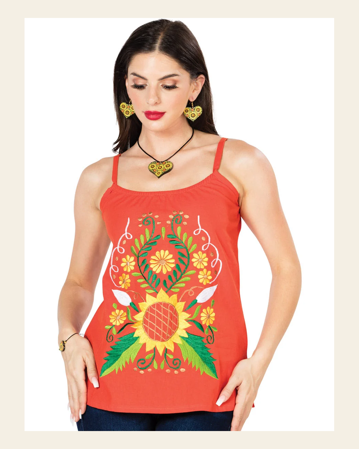 Artisanal Embroidered Blouse 100% Cotton Orange 603071 on a warm cream background