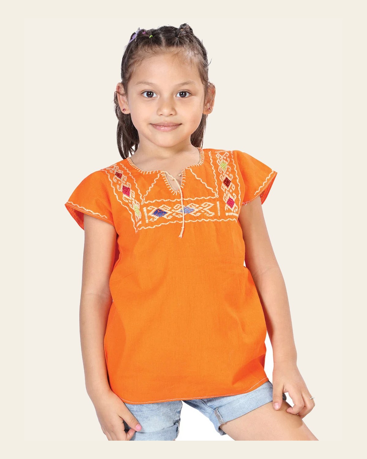 Artisanal Embroidered Blouse 100% Cotton Orange 603597 on a warm cream background