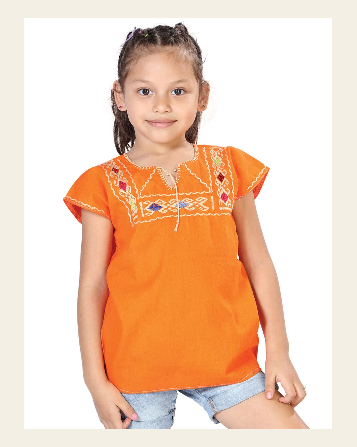 Artisanal Embroidered Blouse 100% Cotton Orange 603597 on a warm cream background