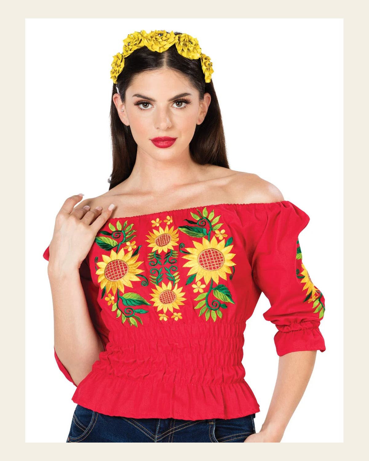 Artisanal Embroidered Blouse 100% Cotton Red 603045 on a warm cream background