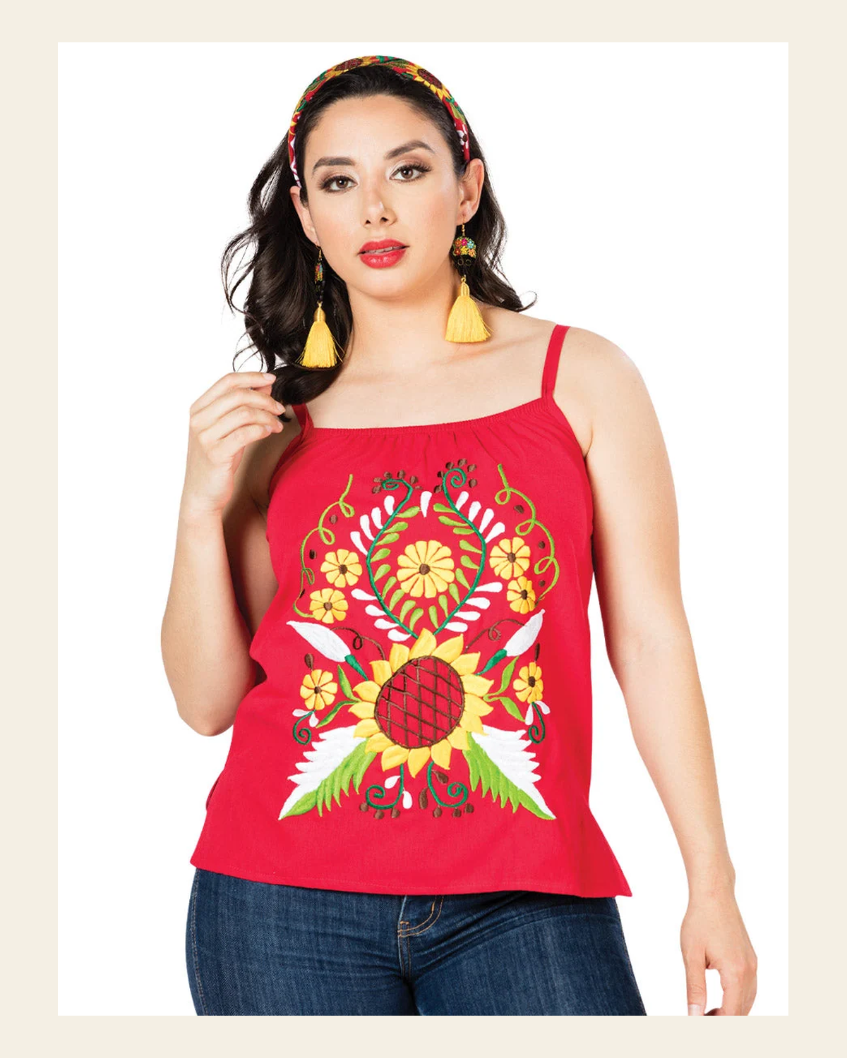 Artisanal Embroidered Blouse 100% Cotton Red 603073 on a warm cream background