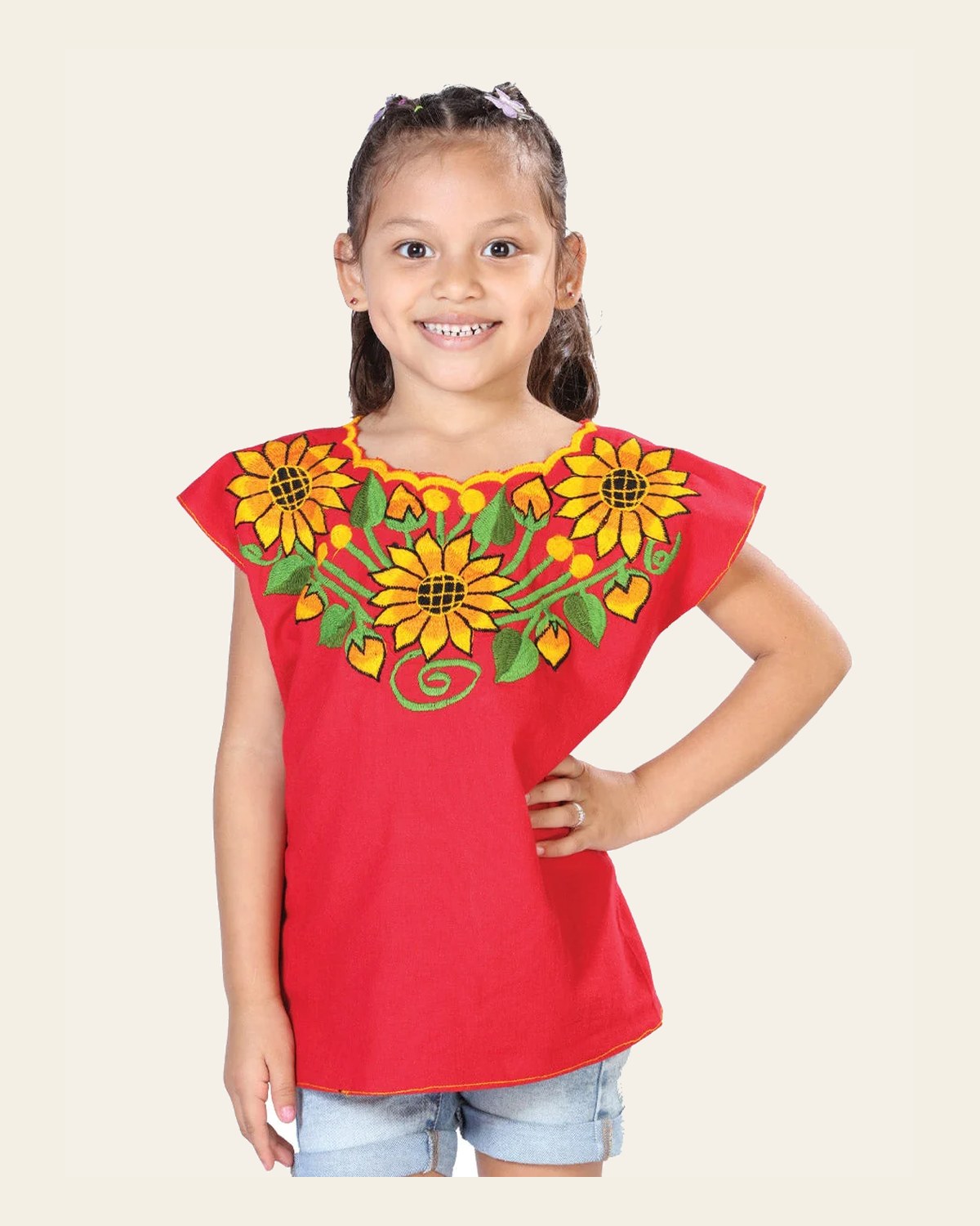Artisanal Embroidered Blouse 100% Cotton Red 603600 on a warm cream background