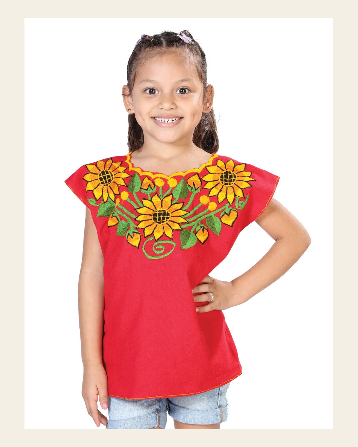 Artisanal Embroidered Blouse 100% Cotton Red 603600 on a warm cream background