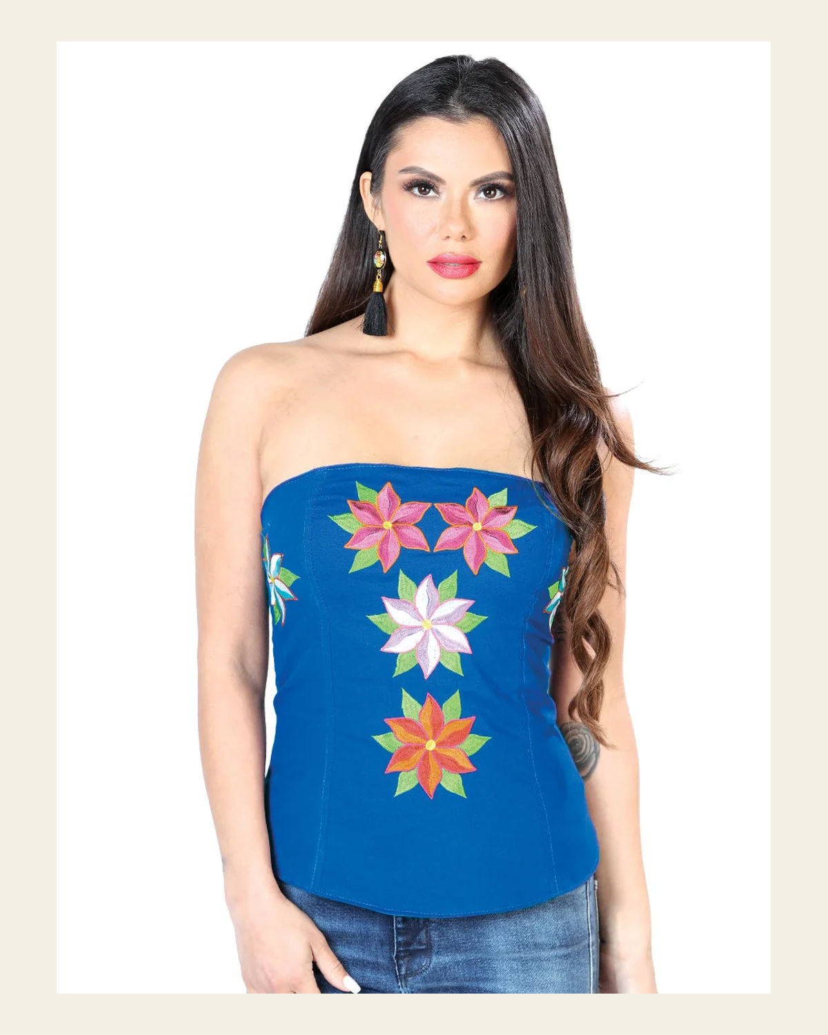 Artisanal Embroidered Blouse 100% Cotton Royal Blue 603901 on a warm cream background