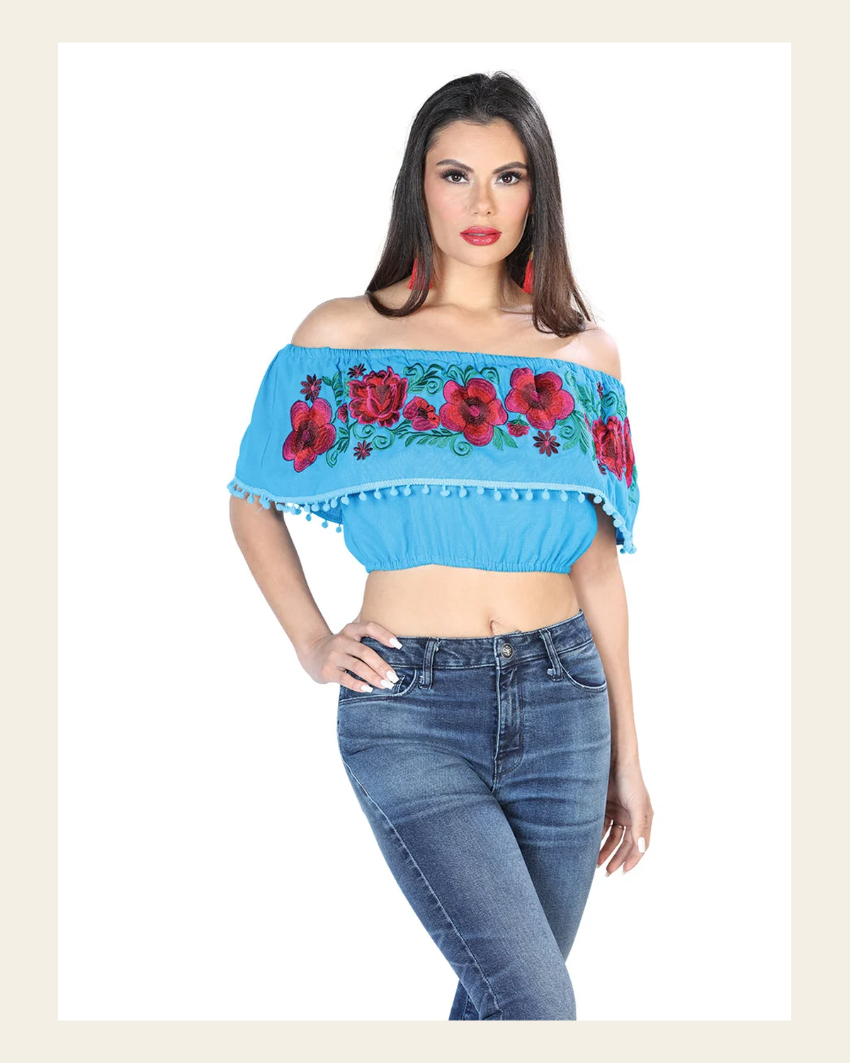 Artisanal Embroidered Blouse 100% Cotton Turquoise 603938 on a warm cream background