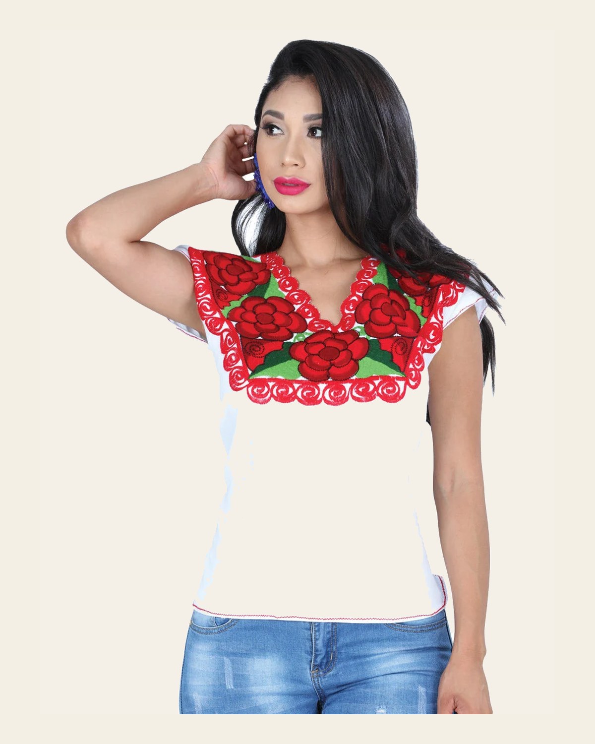 Artisanal Embroidered Blouse 100% Cotton White 601401 on a warm cream background