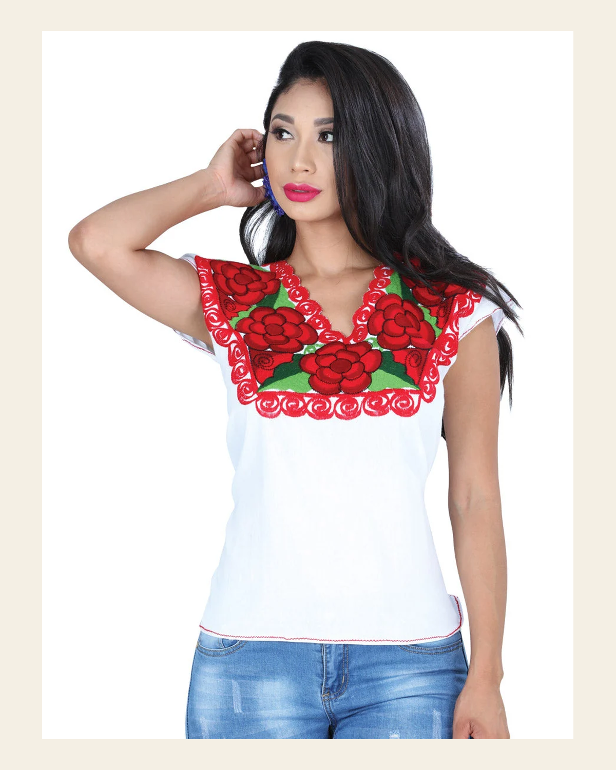 Artisanal Embroidered Blouse 100% Cotton White 601401 on a warm cream background