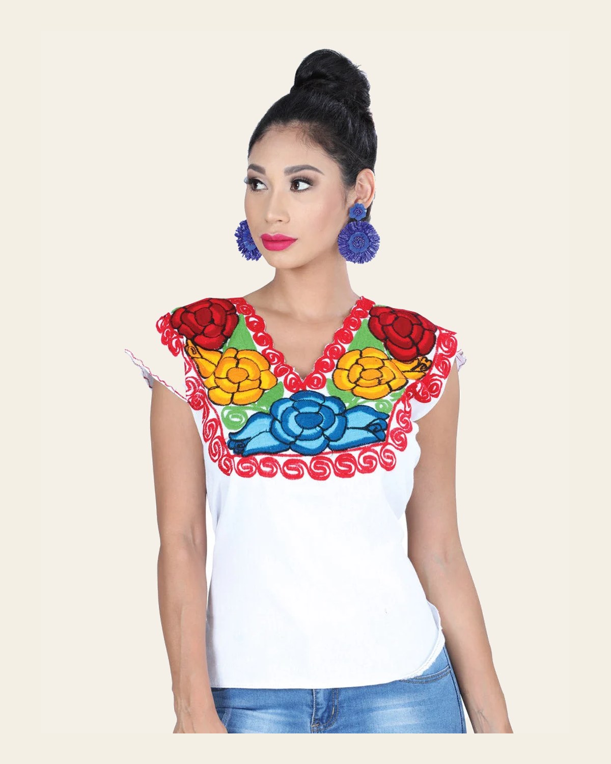 Artisanal Embroidered Blouse 100% Cotton White 601403 on a warm cream background