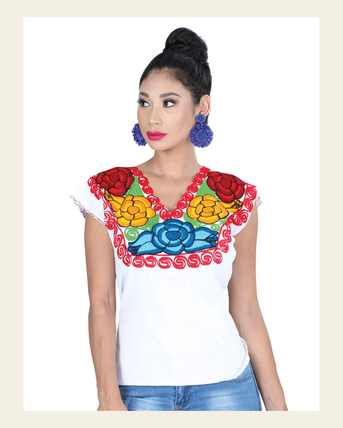 Artisanal Embroidered Blouse 100% Cotton White 601403 on a warm cream background