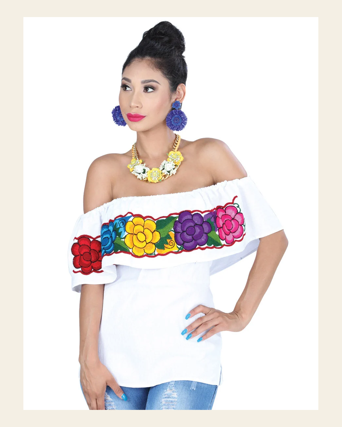 Artisanal Embroidered Blouse 100% Cotton White 601436 on a warm cream background