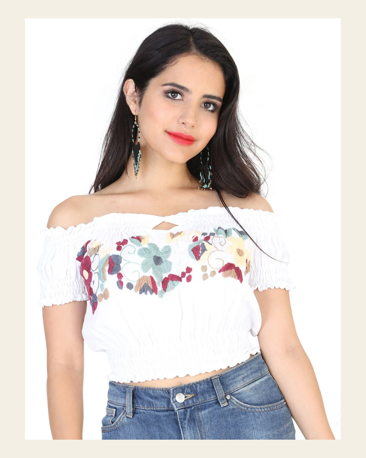 Artisanal Embroidered Blouse 100% Cotton White 601983 on a warm cream background