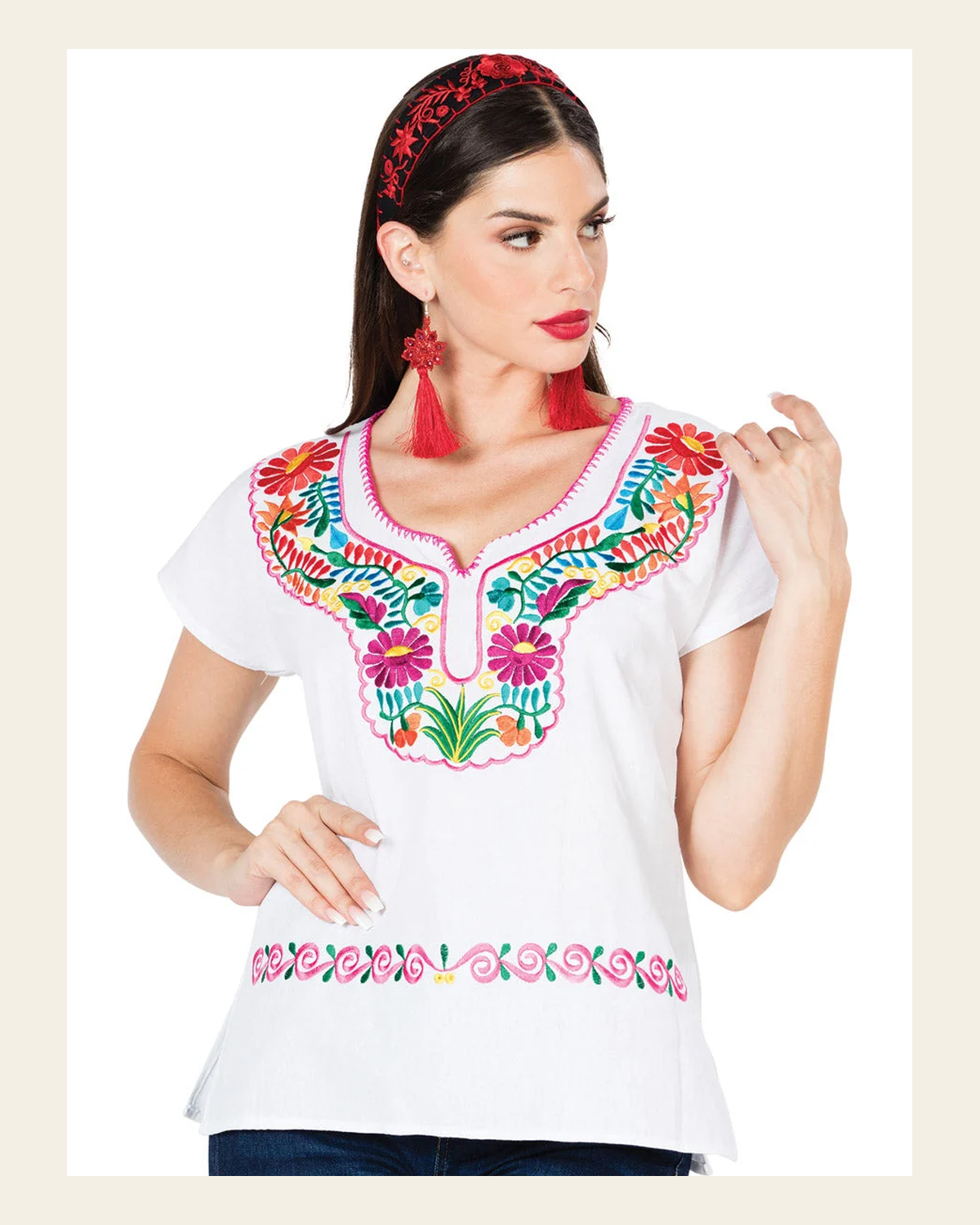 Artisanal Embroidered Blouse 100% Cotton White 603057 on a warm cream background