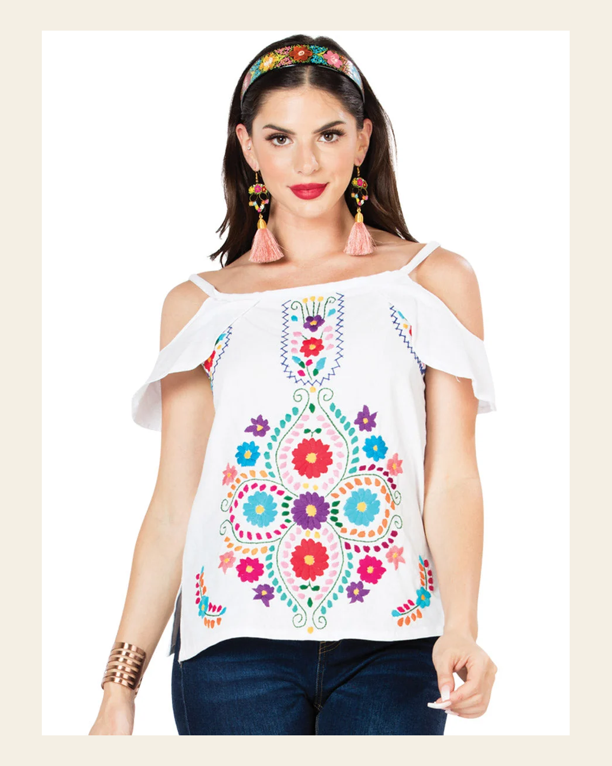 Artisanal Embroidered Blouse 100% Cotton White 603067 on a warm cream background