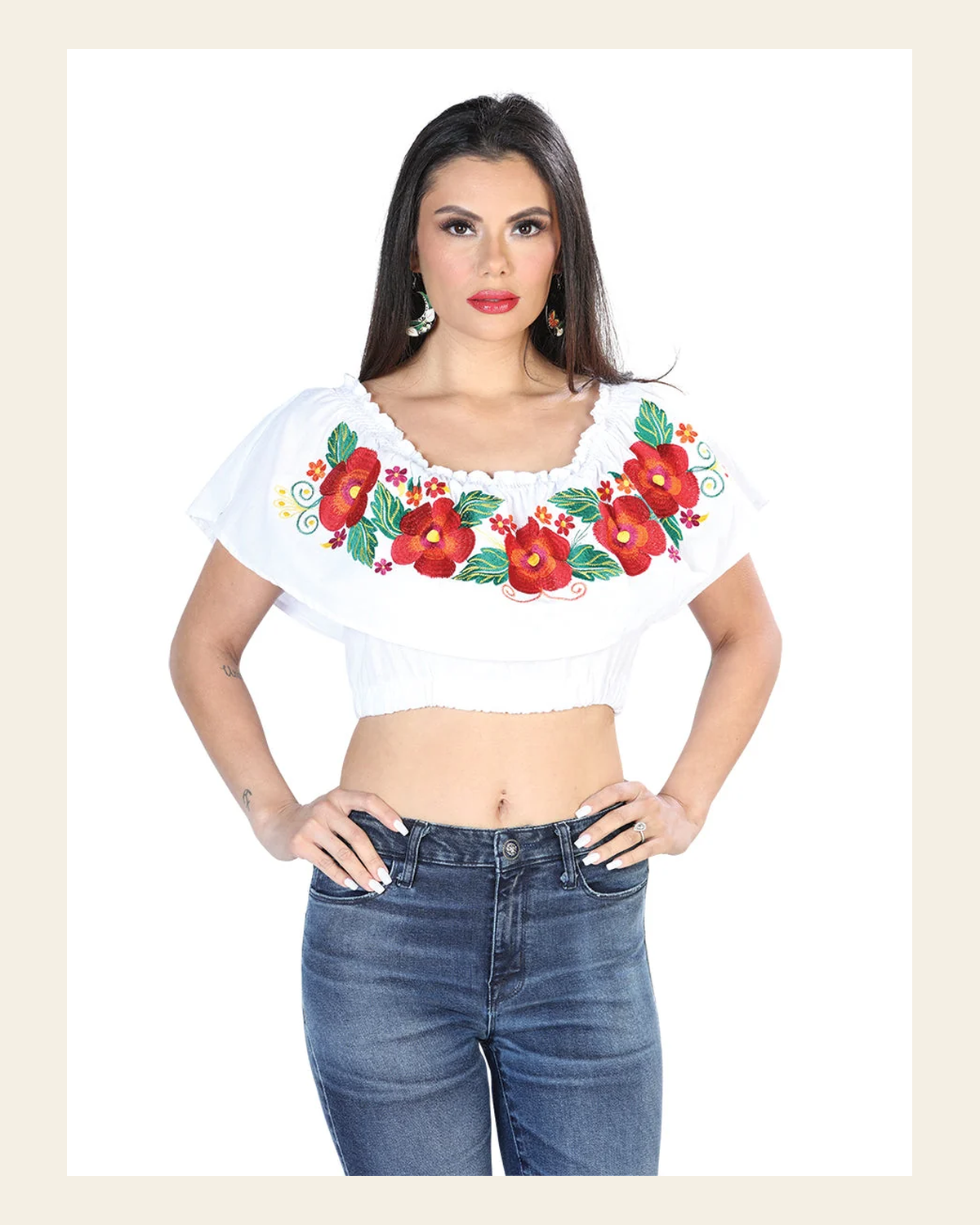 Artisanal Embroidered Blouse 100% Cotton White 603895 on a warm cream background