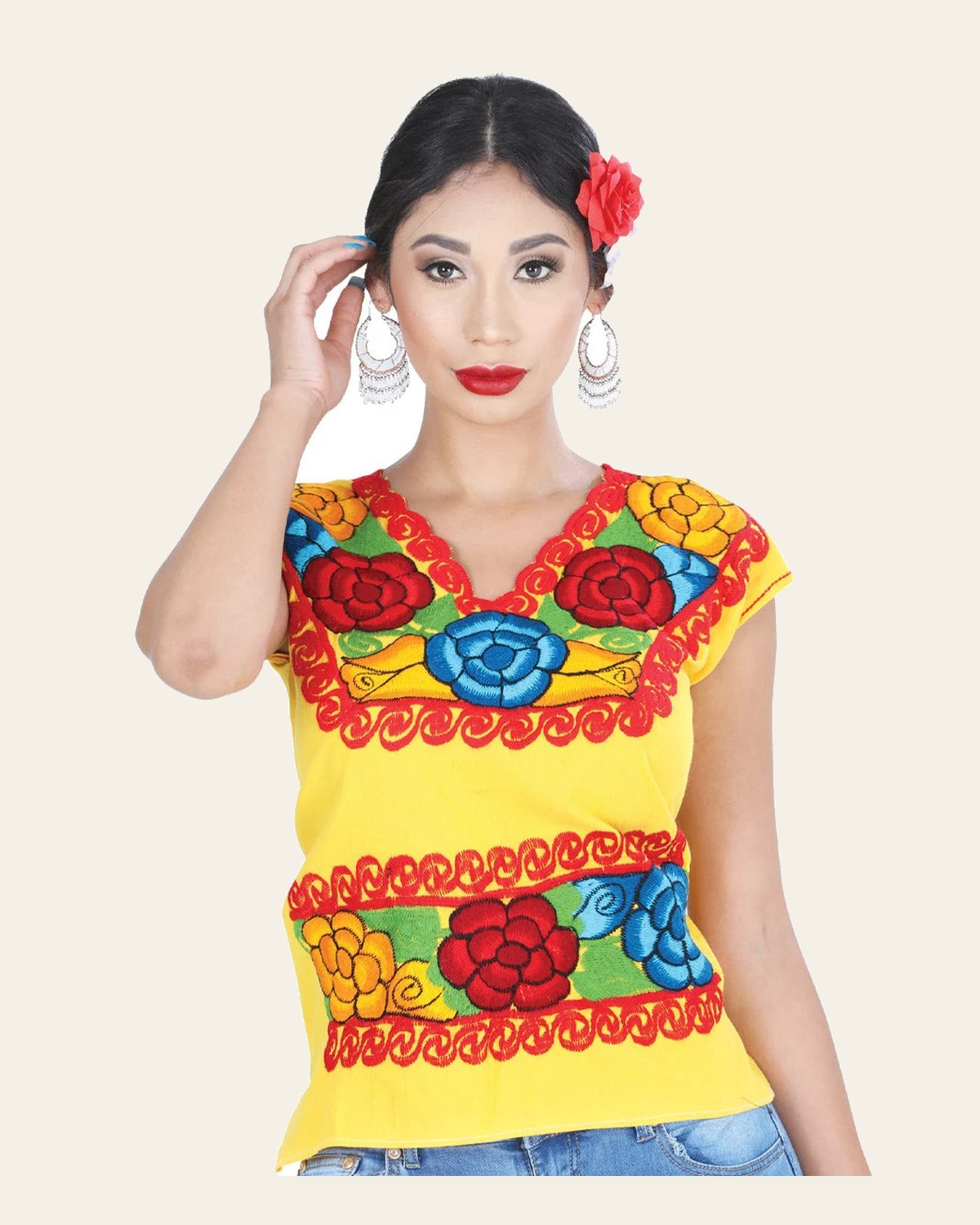 Artisanal Embroidered Blouse 100% Cotton Yellow 601412 on a warm cream background