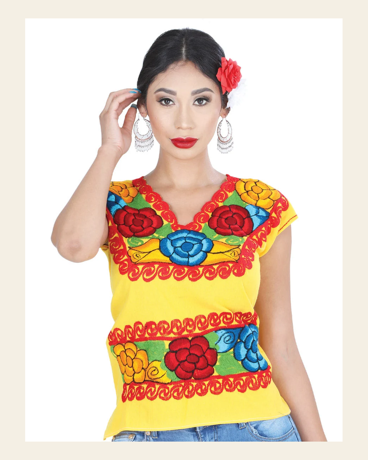 Artisanal Embroidered Blouse 100% Cotton Yellow 601412 on a warm cream background