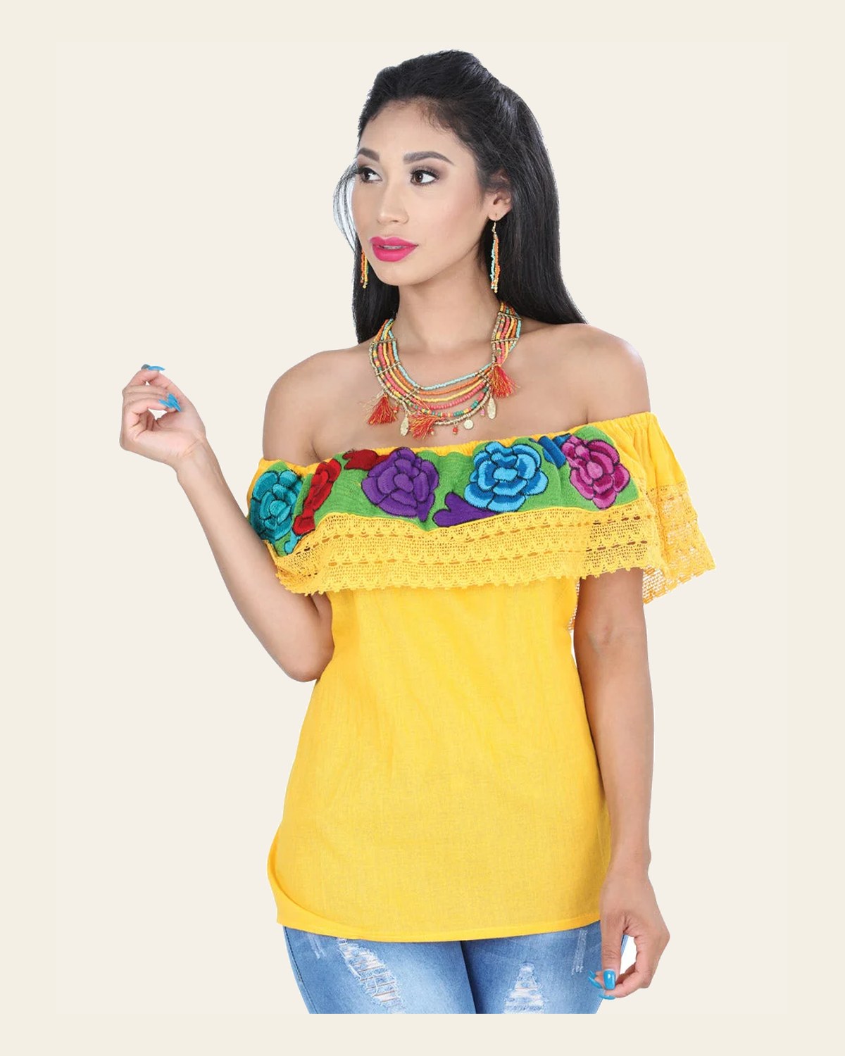 Artisanal Embroidered Blouse 100% Cotton Yellow 601425 on a warm cream background