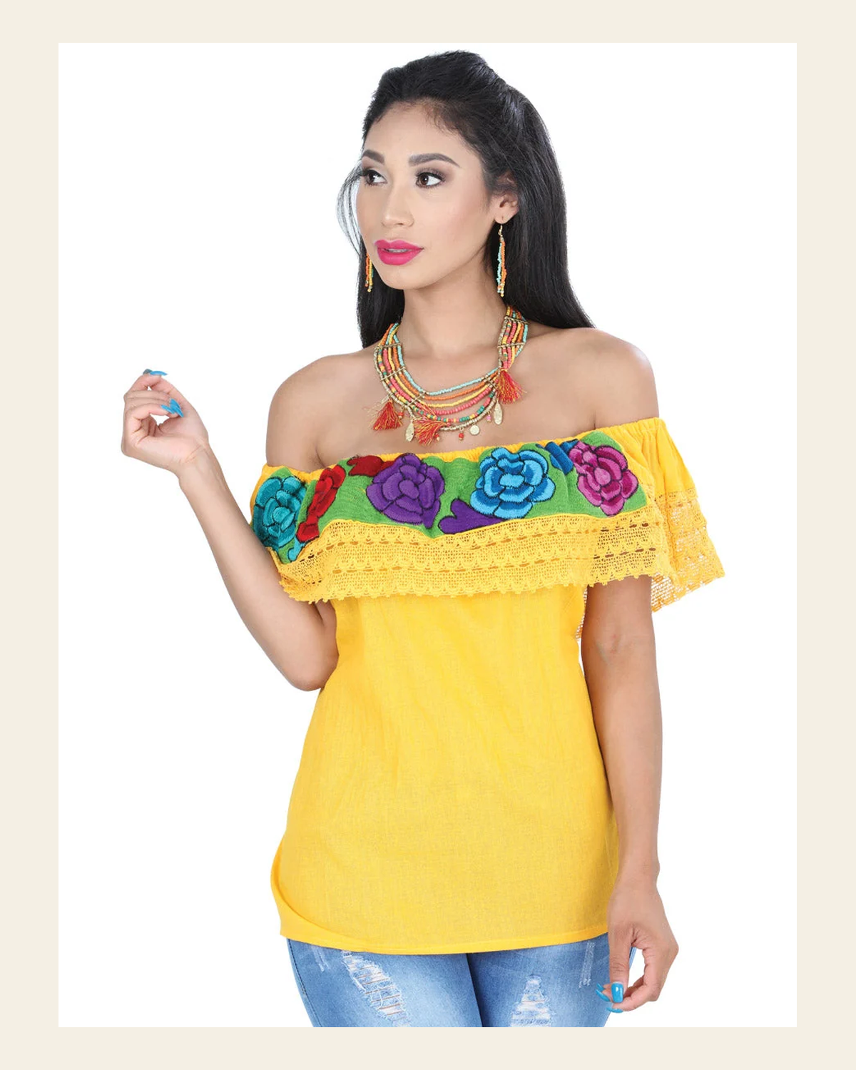 Artisanal Embroidered Blouse 100% Cotton Yellow 601425 on a warm cream background