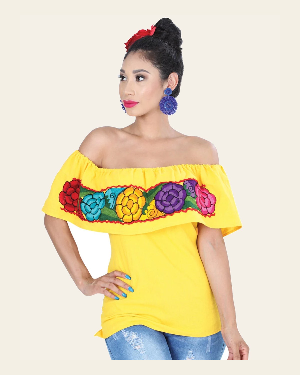 Artisanal Embroidered Blouse 100% Cotton Yellow 601434 on a warm cream background