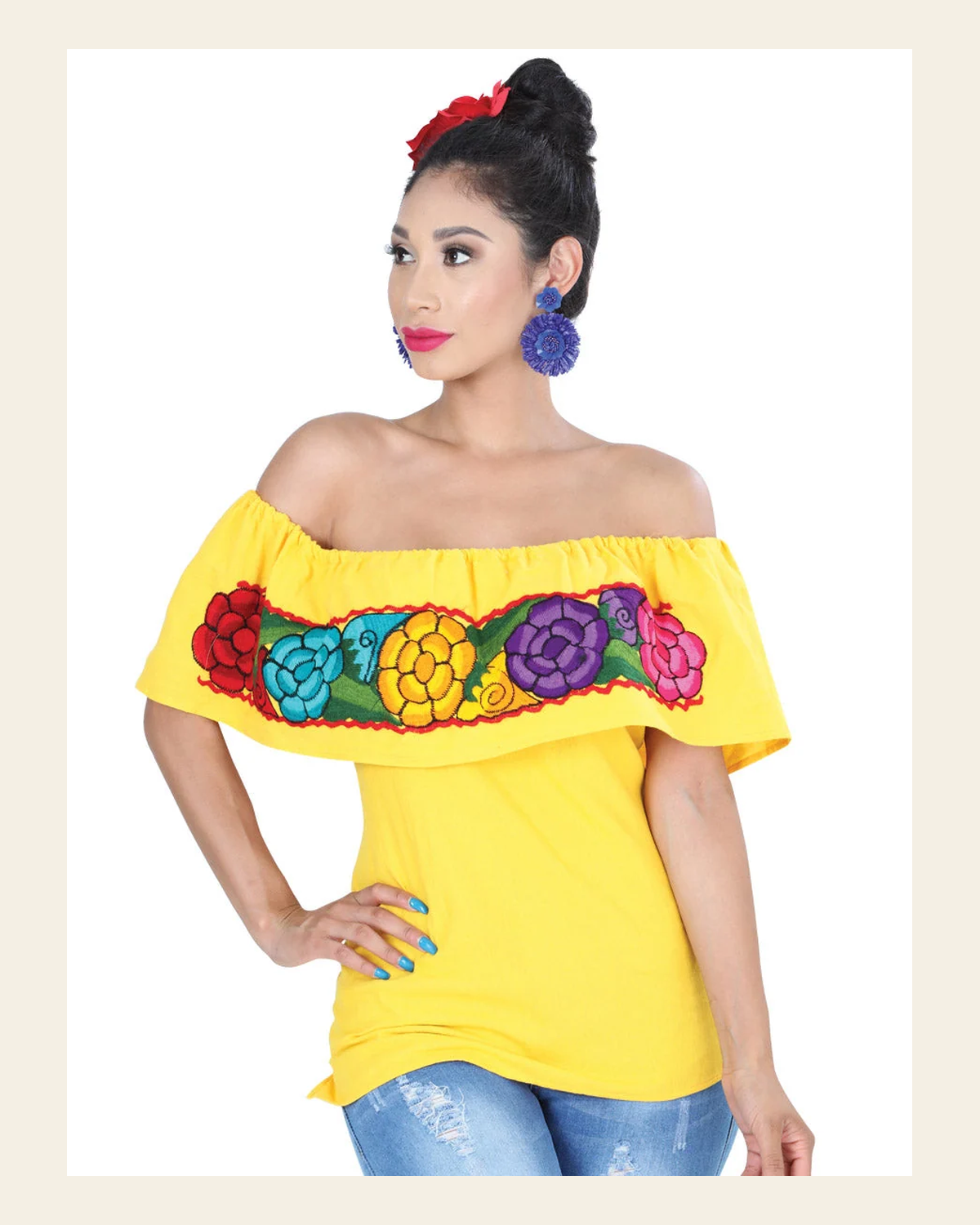 Artisanal Embroidered Blouse 100% Cotton Yellow 601434 on a warm cream background