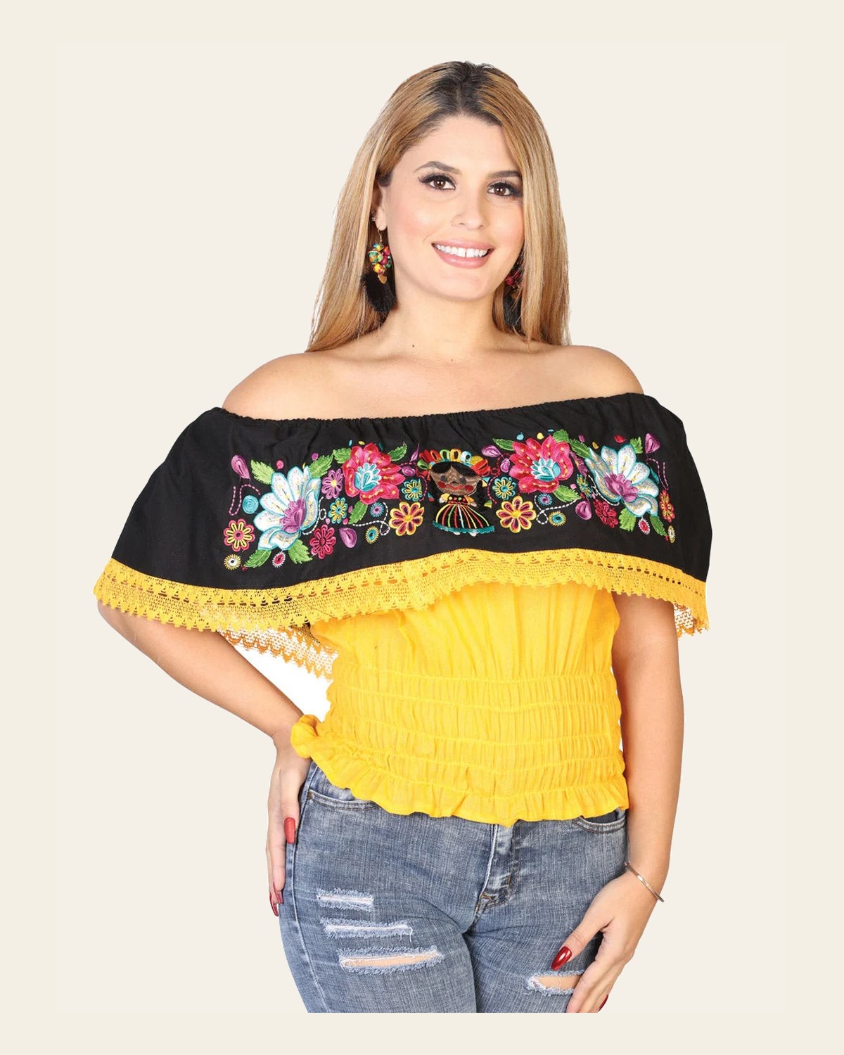 Artisanal Embroidered Blouse 100% Cotton Yellow 602450 on a warm cream background