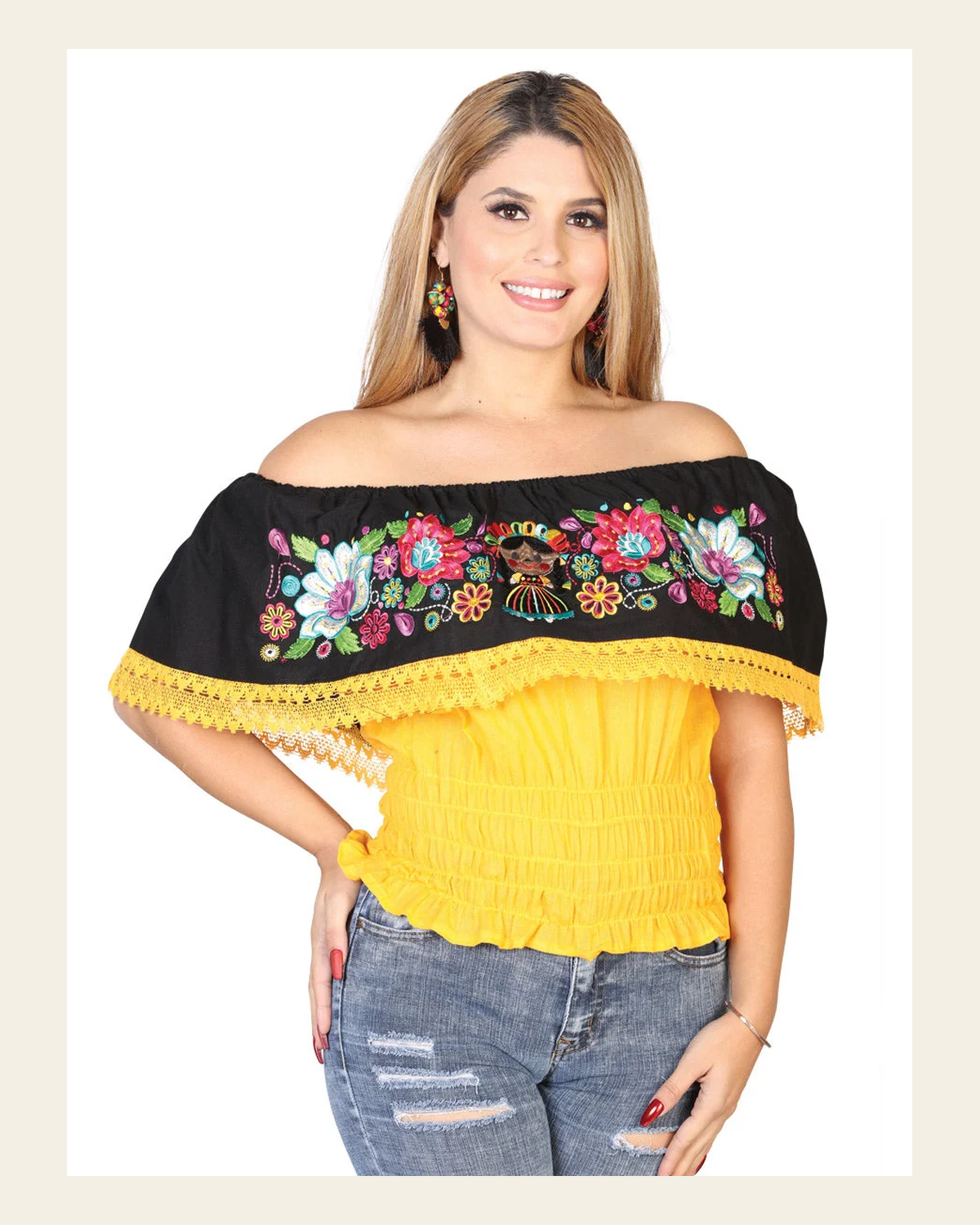 Artisanal Embroidered Blouse 100% Cotton Yellow 602450 on a warm cream background