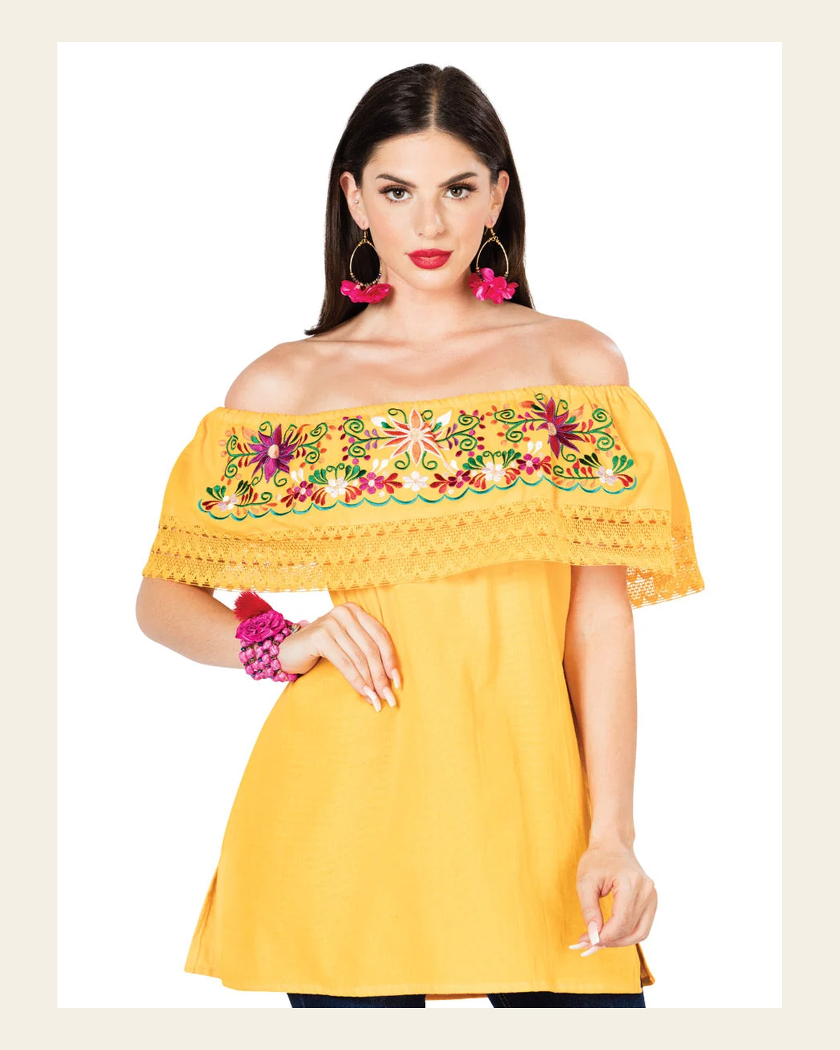 Artisanal Embroidered Blouse 100% Cotton Yellow 603051 on a warm cream background
