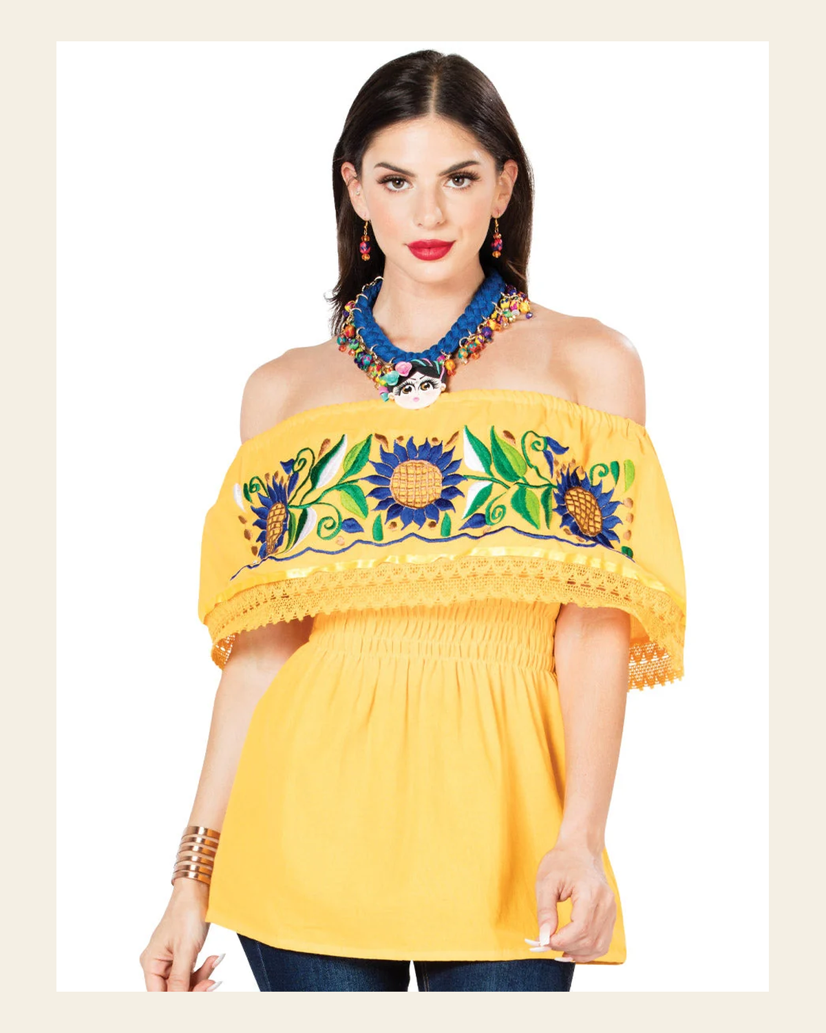 Artisanal Embroidered Blouse 100% Cotton Yellow 603063 on a warm cream background