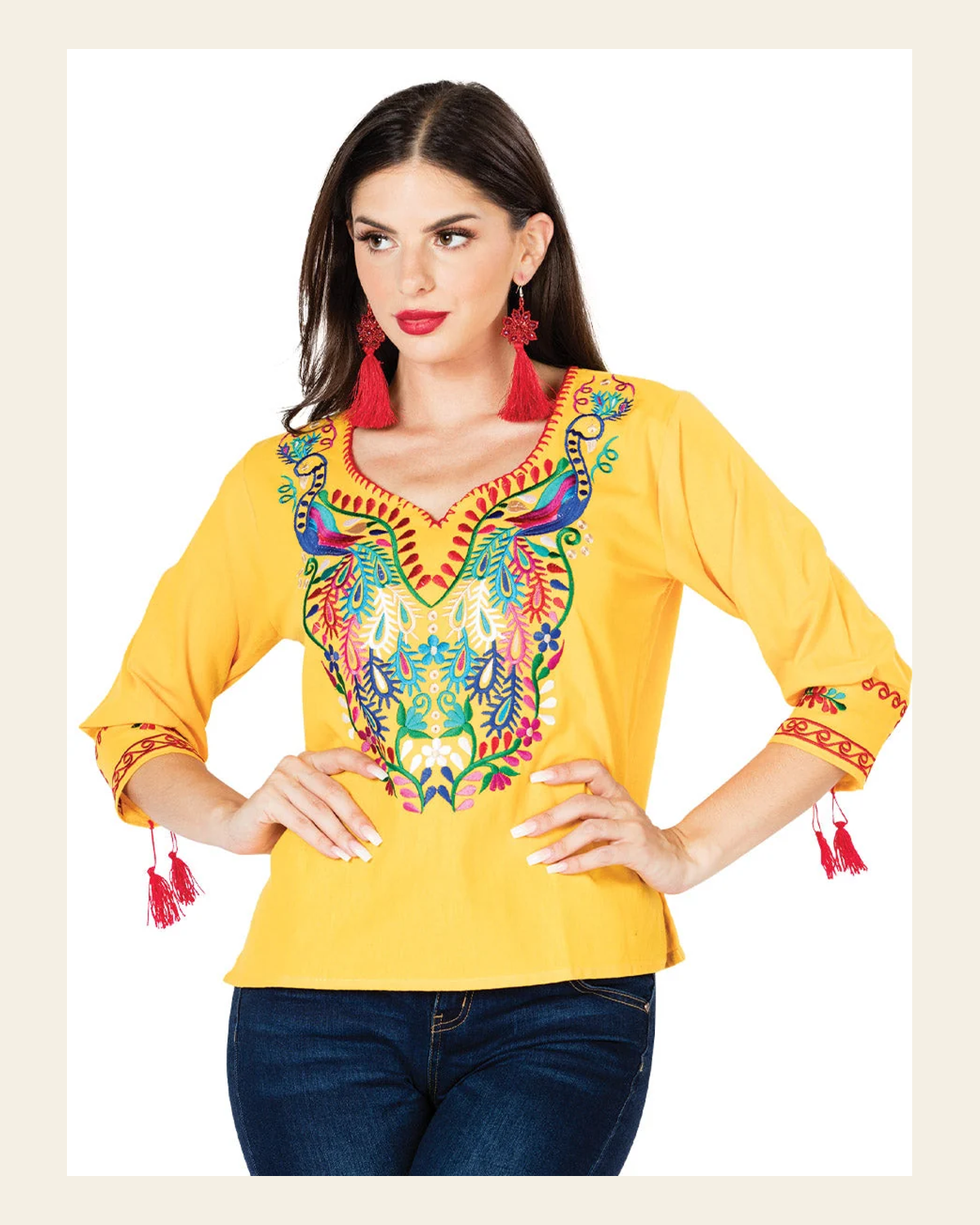Artisanal Embroidered Blouse 100% Cotton Yellow 603180 on a warm cream background