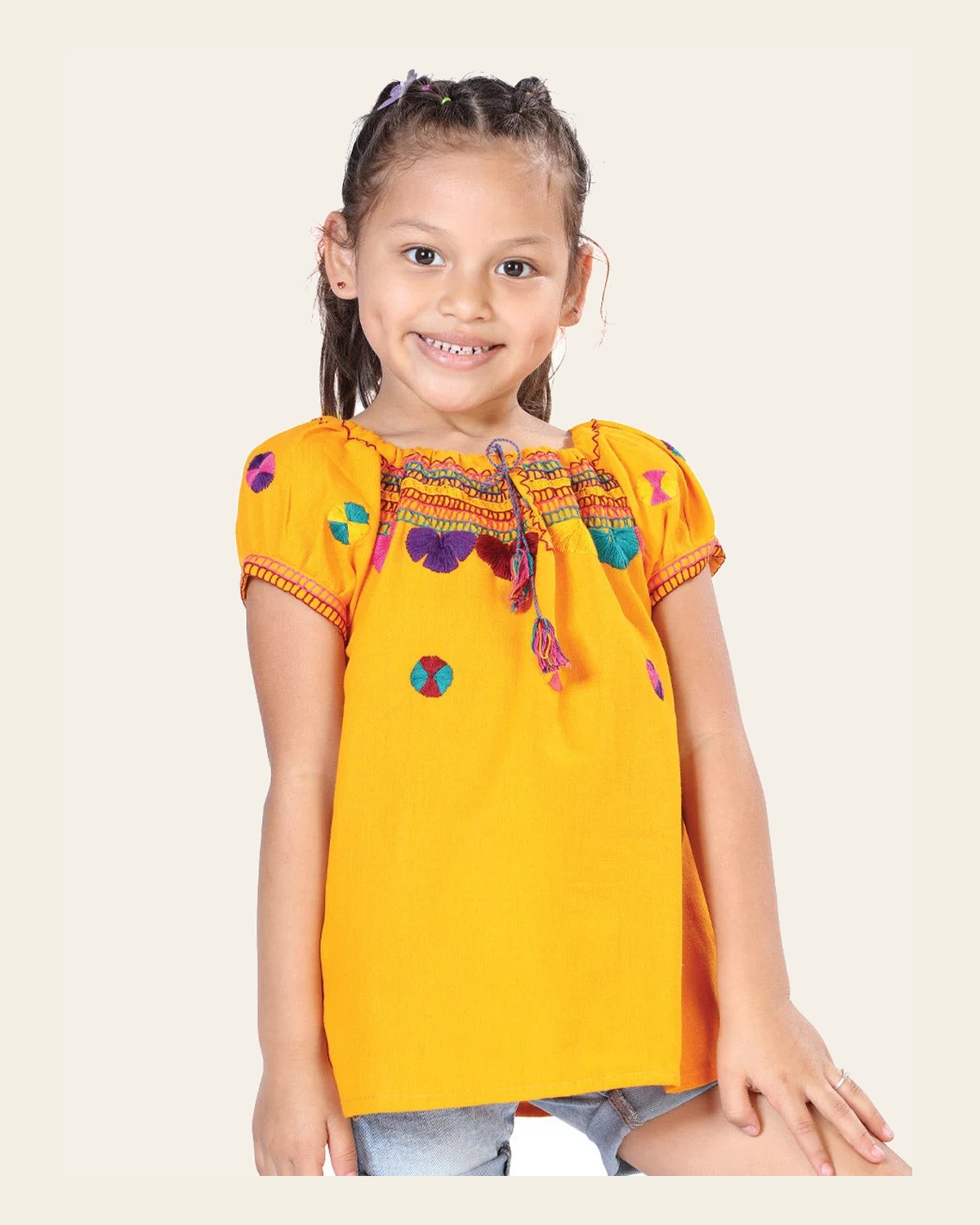 Artisanal Embroidered Blouse 100% Cotton Yellow 603593 on a warm cream background