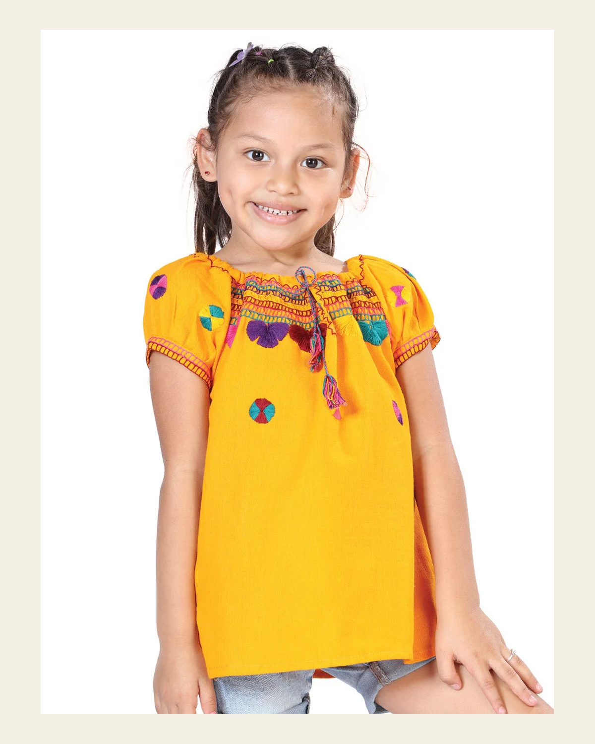 Artisanal Embroidered Blouse 100% Cotton Yellow 603593 on a warm cream background