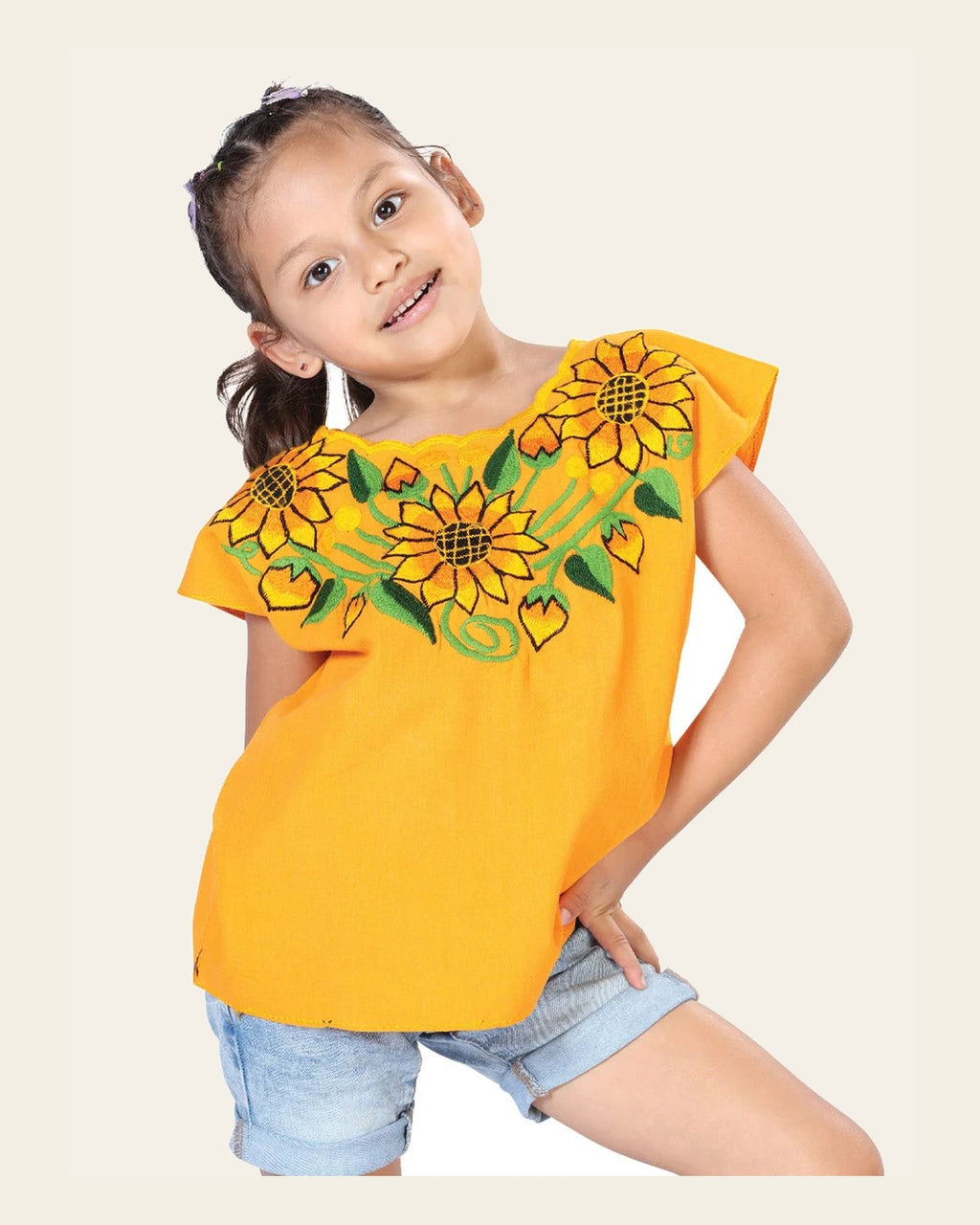 Artisanal Embroidered Blouse 100% Cotton Yellow 603598 on a warm cream background