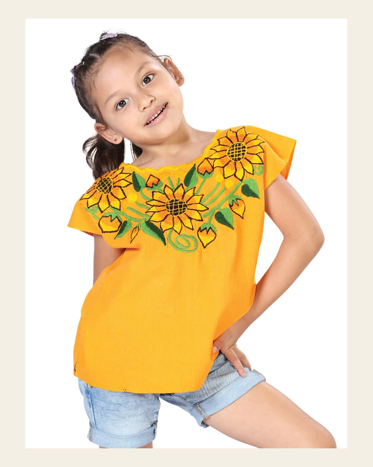 Artisanal Embroidered Blouse 100% Cotton Yellow 603598 on a warm cream background