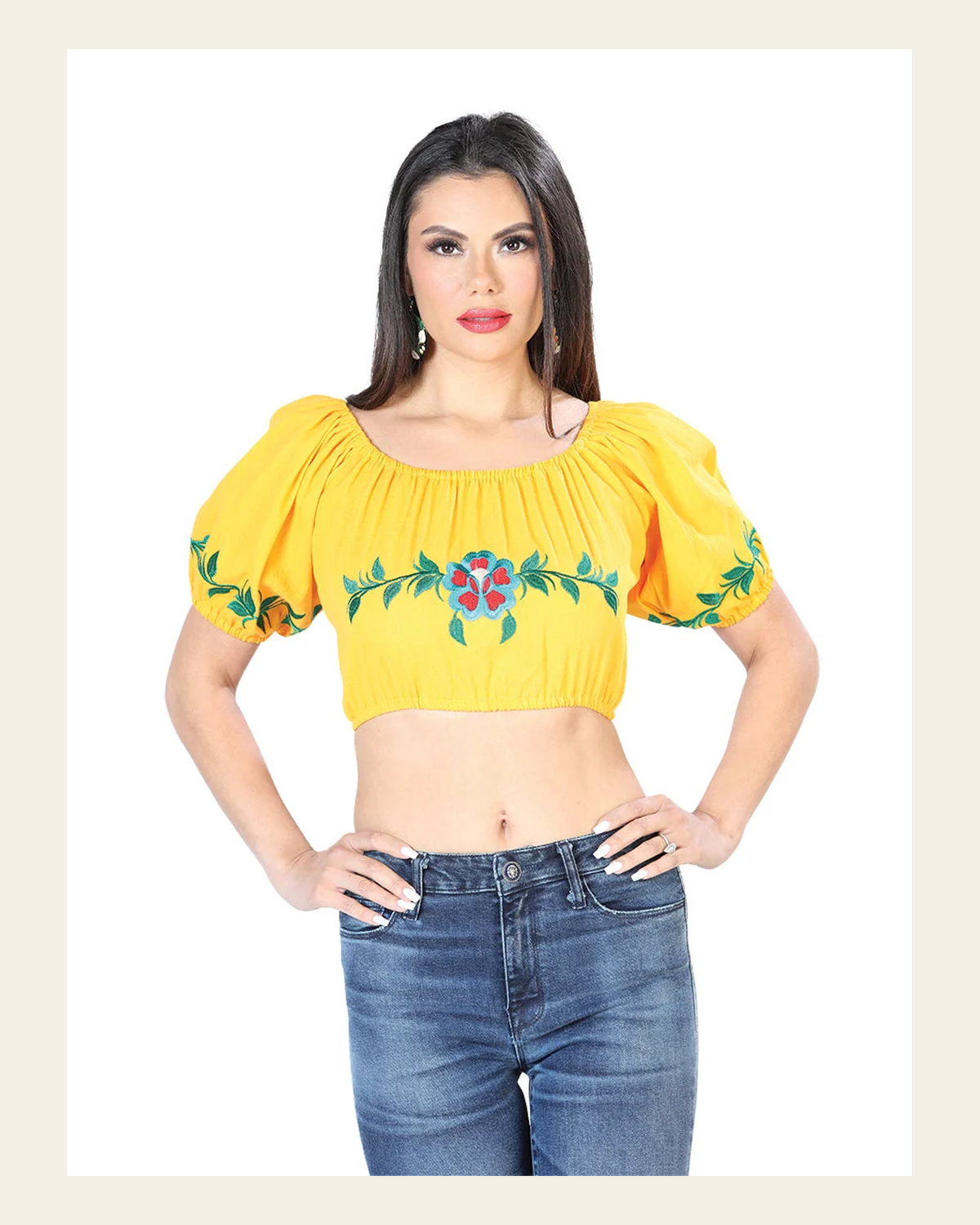 Artisanal Embroidered Blouse 100% Cotton Yellow 603893 on a warm cream background
