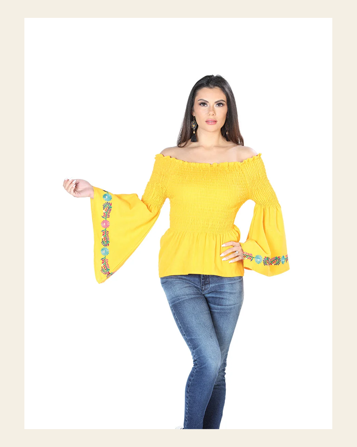 Artisanal Embroidered Blouse 100% Cotton Yellow 603899 on a warm cream background
