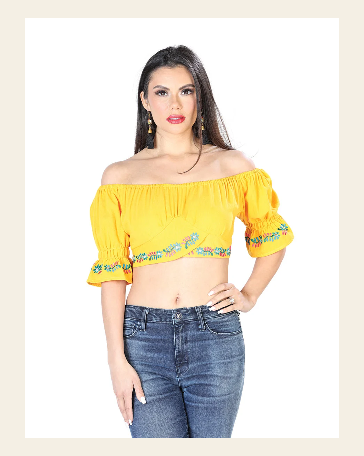 Artisanal Embroidered Blouse 100% Cotton Yellow 603905 on a warm cream background