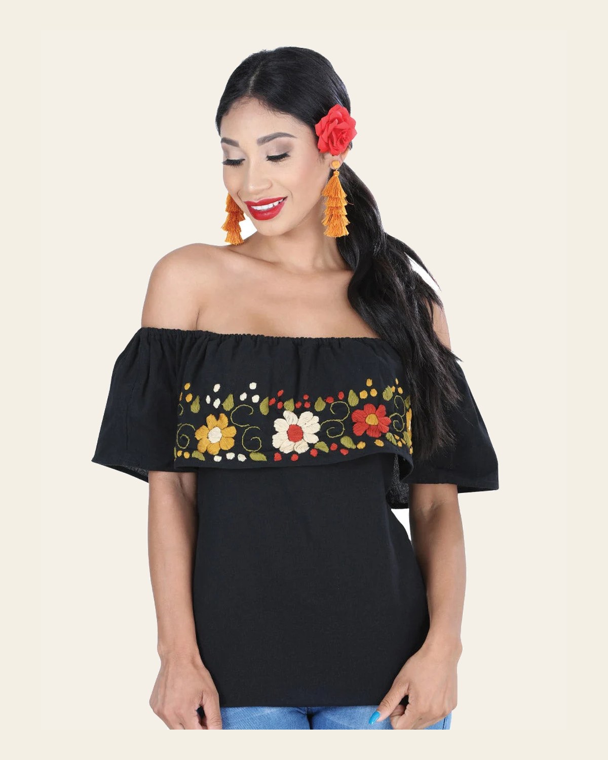 Artisanal Embroidered Blouse 50% Cotton, %50 Polyester Black 601429 on a warm cream background