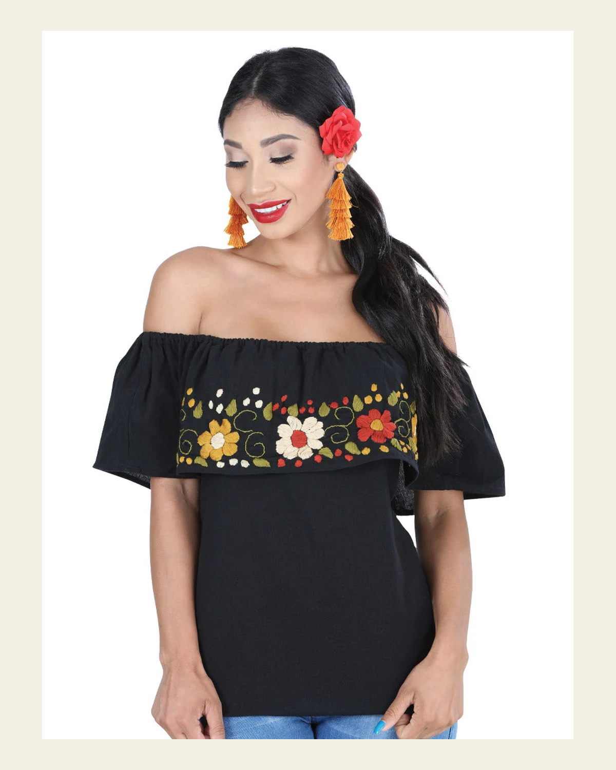 Artisanal Embroidered Blouse 50% Cotton, %50 Polyester Black 601429 on a warm cream background